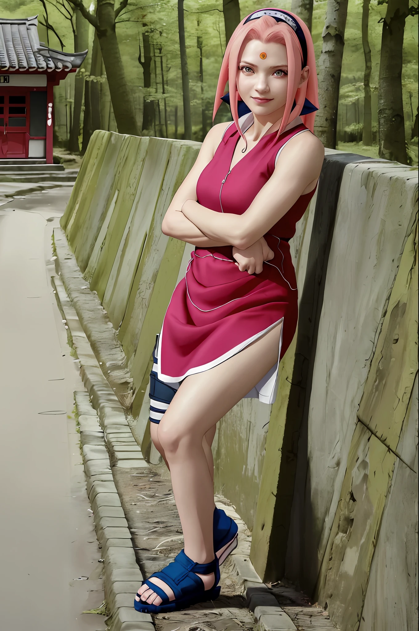 1girl, (8k, RAW photo, best quality, masterpiece:1.2), (ultra highres:1.0),detailed illustration, (real person,fashion photography portrait,photograph), detailed, detailed beautiful skin, (realistic, photo-realistic:1.37),SakuraNS, solo, professional lighting,
pink dress with flower), village, east asian architecture, trees, village hidden in the leaves background,looking_at_viewer, smile, forehead flower,red_hairband,pink hair,green eyes,mitain,toeless footwear,kunai,facial mark,konohagakure symbol,fighting_stance,fence,ninja,adjusting gloves,sleeveless,,