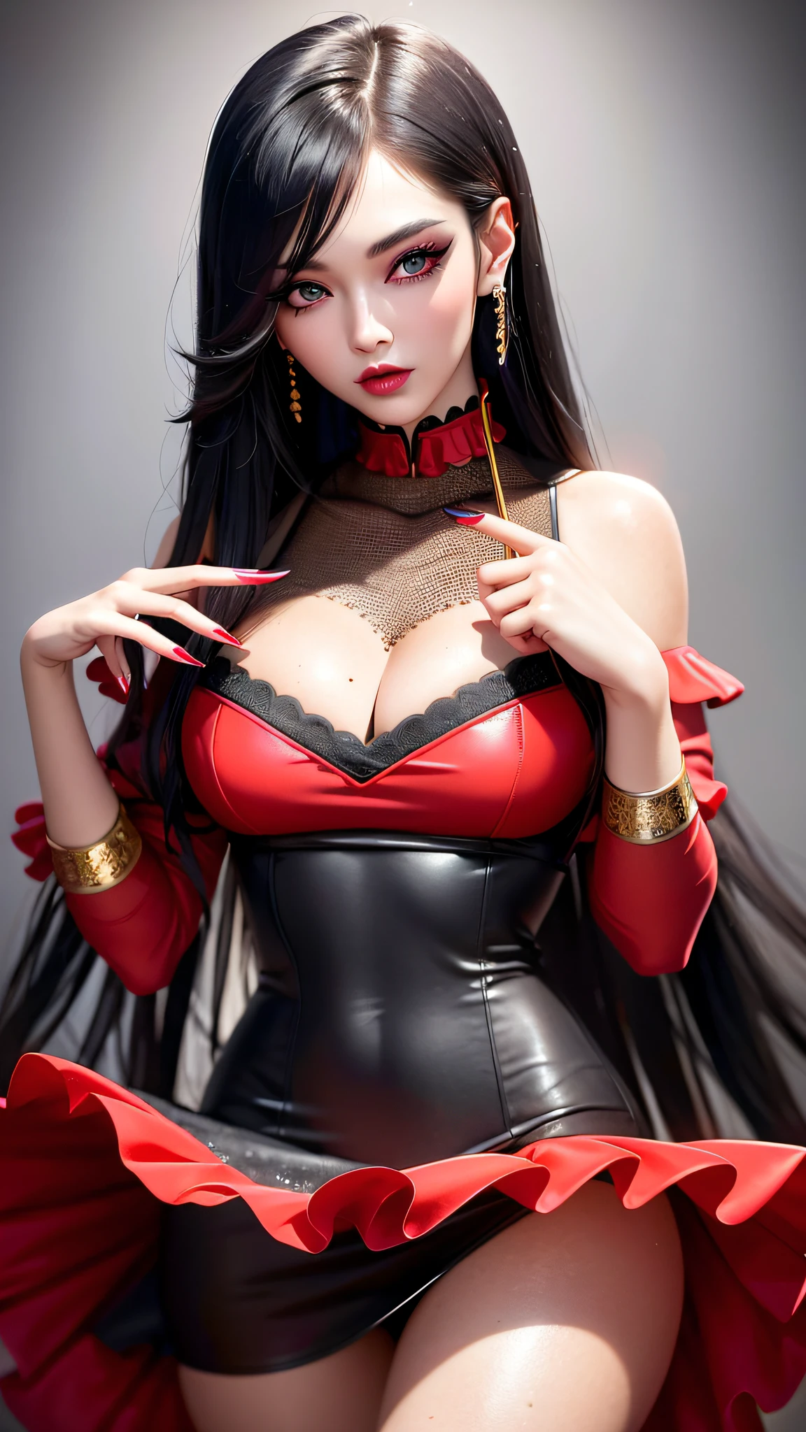 [(ulzzang 1.1:0.1), (pureros:0.1):-0.05], (semi realistic:1.3), (dynamic pose:1.2), (long black hair:1.35), china embroidery silk dress (masterpiece:1.2), (best quality:1.15), (1girl:1.2), (solo:1.2), (erotic:1.2), (korean mixed, kpop idol:1.3), (masculinity:1.25), (angular face:1.2), (choker+short skiny_outfit vintage white frill dress:1.1), (femme fatale:1.3), (upturned eyes:1.3), (thick eyebrows:1.1), (long Eyelashes+smokey eyeliner+eyeglitter+red eyeshadow+gloss lips+erotic sexy glitter makeup:1.1), 35 years old girl, teenager, (depth of field:1.1), (supreme quality beautiful face:1.3), (supreme quality beautiful bright eyes:1.3), (supreme quality hyper realistic texture human skin:1.3), (freckle, flush, blemish, fine wrinkles, pores, veiny, complexion:1.12), (lively skin, rough skin, dirty skin:1.15), (hyper extreme supreme quality beautiful women:1.1) (complete eyes, complete face:1.1), (realistic lighting, cinematic lighting:1.1), (simple background:1.25)