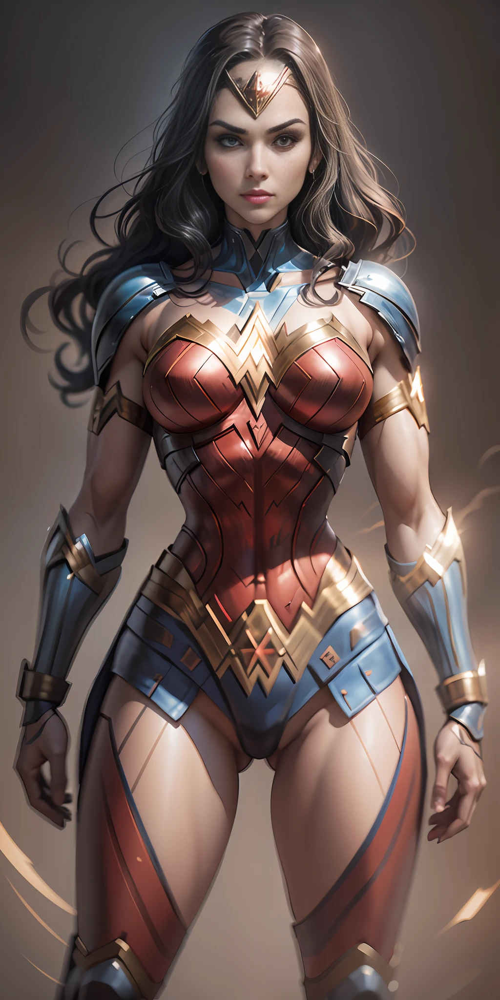 Wonder Woman from DC, frontal, full-length, looking at the camera, facing the audience, standing pose, simple background, three-dimensional light, detailed full-body concept, sleek digital concept art, beautiful full-body concept art, art trend, CGsociety full-length,