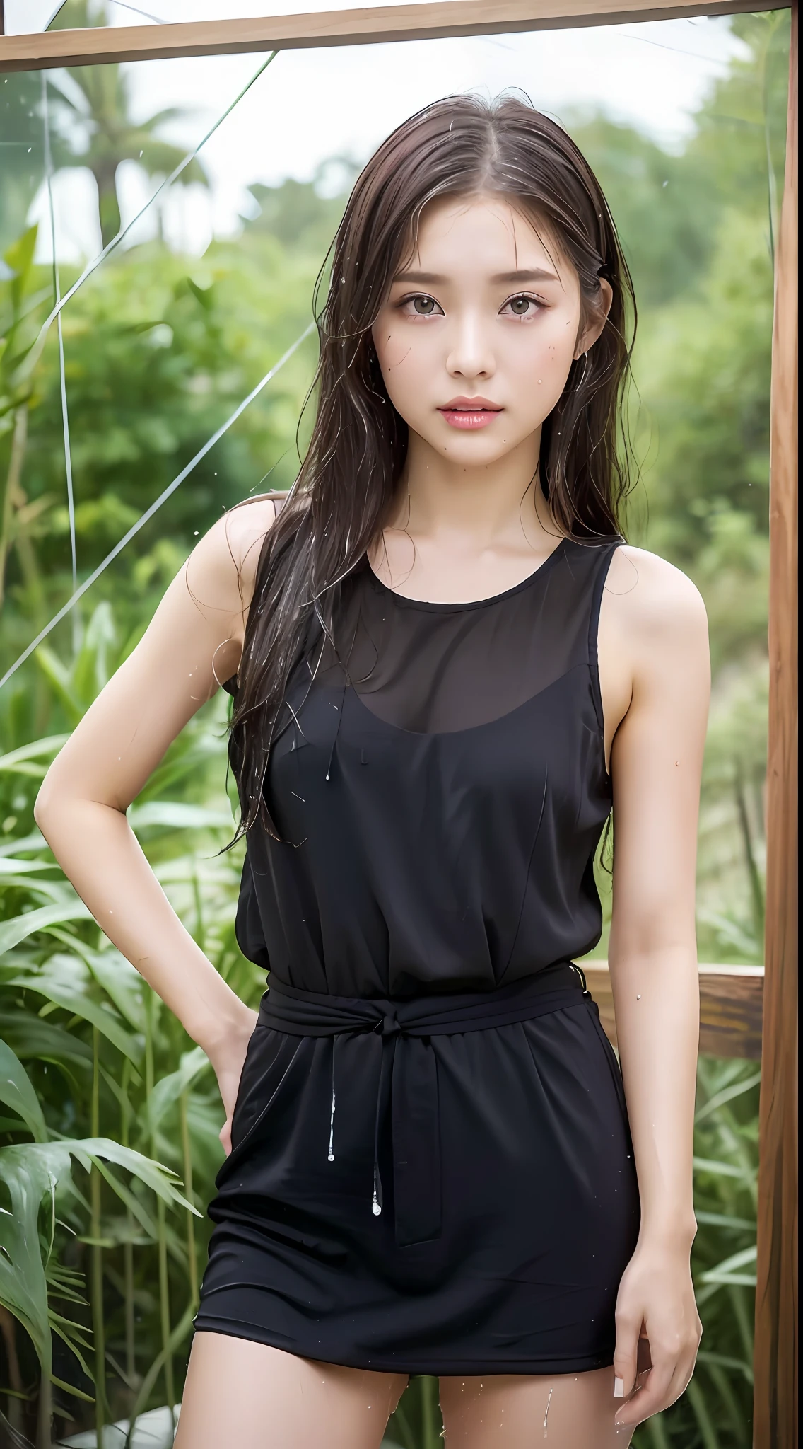 Pretty young girls, ((top quality, 8k, masterpiece: 1.3)), cute Japan women, 1 woman, small: 1.3, toned figure: 1.1, elastic dark brown hair, (wet in the shower, water from the shower, wet body, wet see-through clothes, wet hair: 1.1), very detailed face, detailed lips, detailed eyes, double eyelids, eye makeup, constricted waist, Beautiful legs, whole body