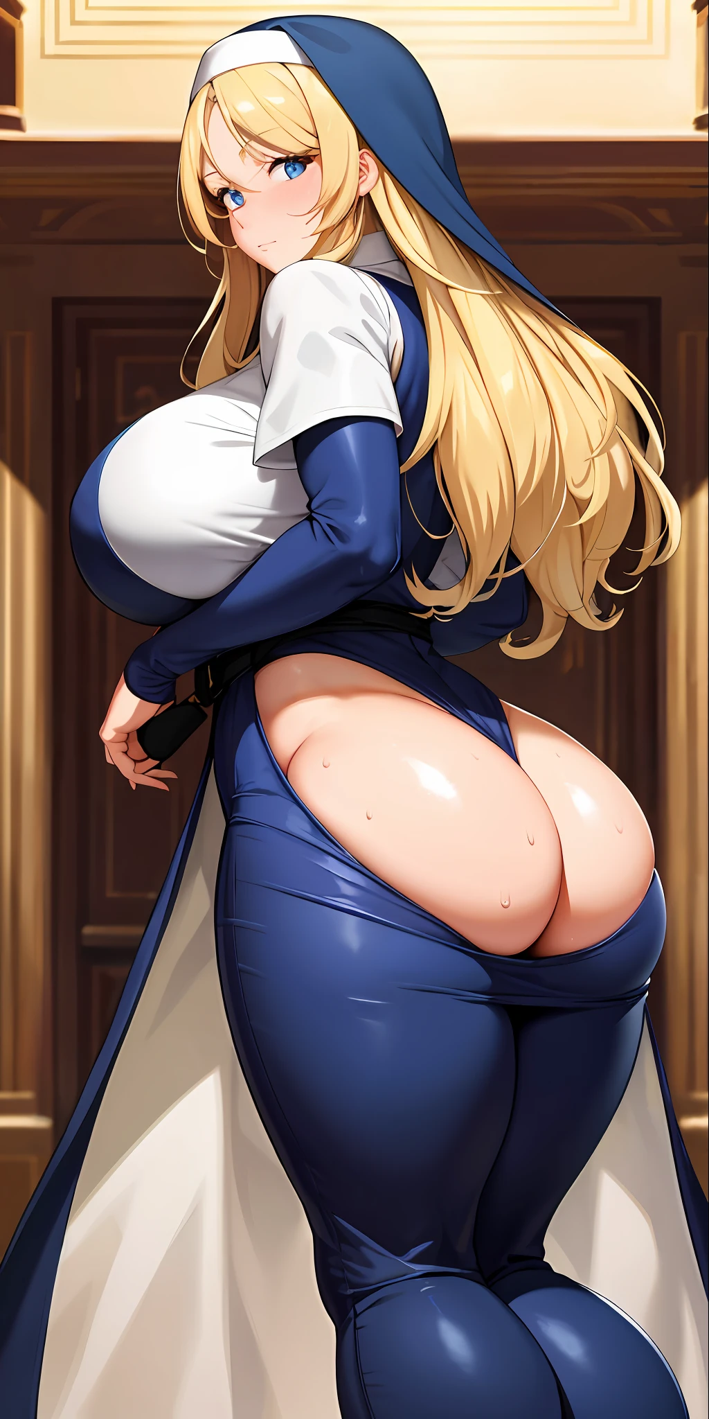 Side, huge breasts,huge ass, fat, beautiful face, thick body, blonde hair, blue eyes, closed mouth masterpiec, ultra quality, 4k quality, high details, nun, sweaty, transparent dress, mother, 1 girl,