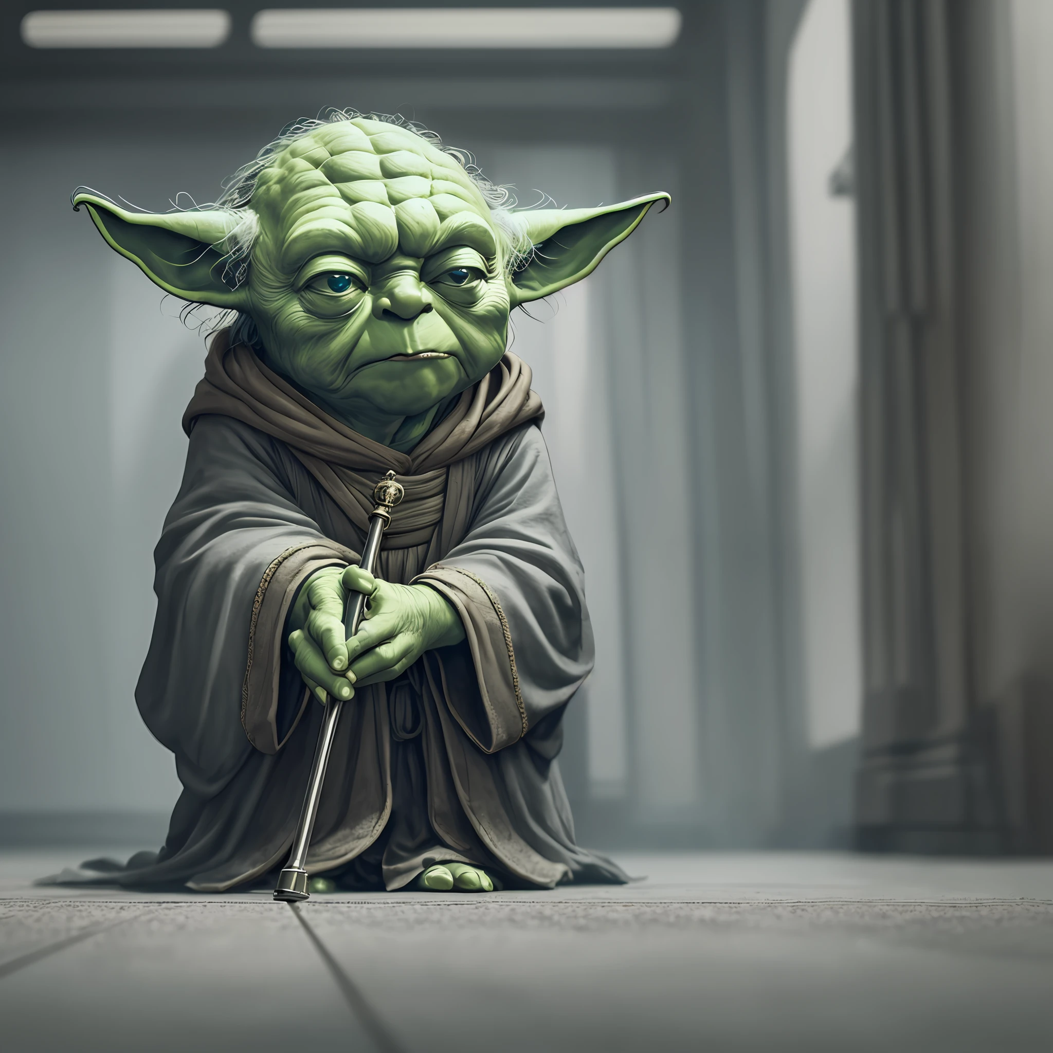 4k, a low Master Yoda with a cane, eye contact, focus, background indoors, precisionism,, ((((cinematic look)))), soothing tones, insane details, intricate details, hyperdetailed, low contrast, soft cinematic light, dim colors, exposure blend, hdr, faded, slate gray atmosphere --auto --s2