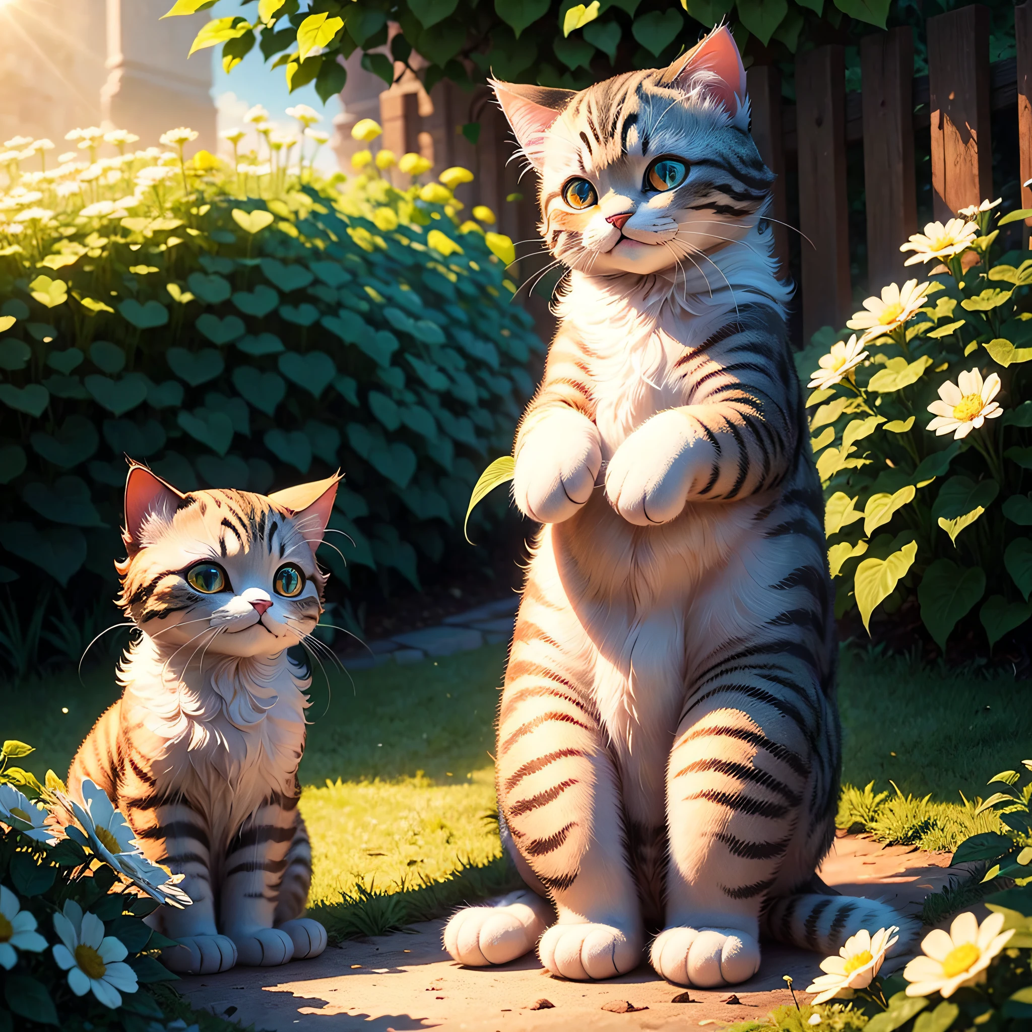 A cute furry puppet cat basking in the garden, Romanticism, high detail, projected inset, multiple views, lens flare, UHD, masterpiece