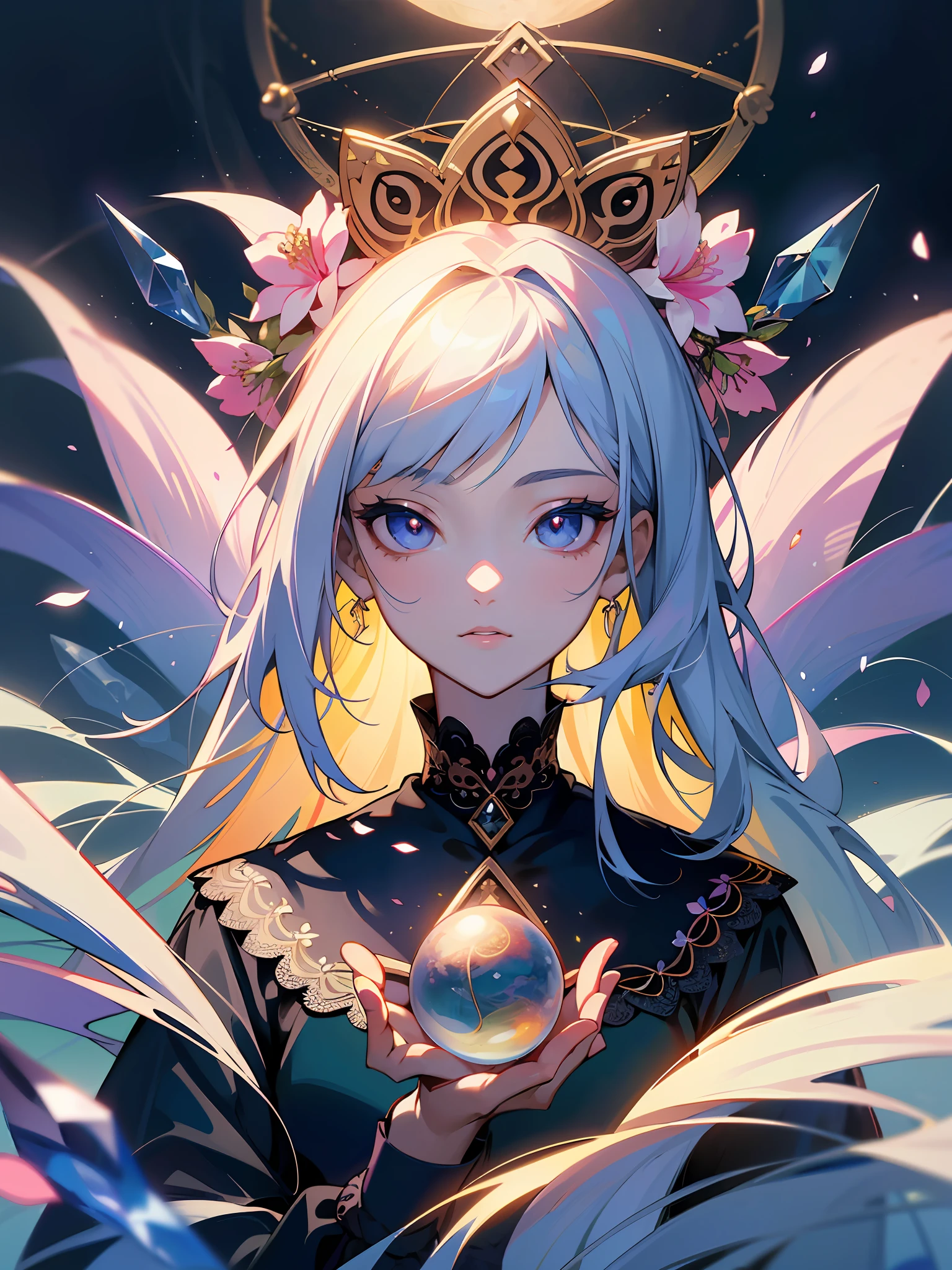 Top quality, masterpiece, high resolution, perfect detail, (very fine and beautiful: 1.1), (official art, beautiful and aesthetic: 1.2), (fractal art: 1.3), (lots of flower effects: 1.4), fortuneteller's clothes, 1girl, looking_at_viewer, portrait, solo, very vivid colorful, (many flower effects: 1.3), a lot of petals, beautiful light, Fine Beauty, (Detailed Face with Fine Eyes: 1.1), Hand (Beautiful Clear Background: 1.1), Lace, Ribbon, Flowers and Petals, Beautiful Concept Illustration, Crystal Ball, Tarot Card