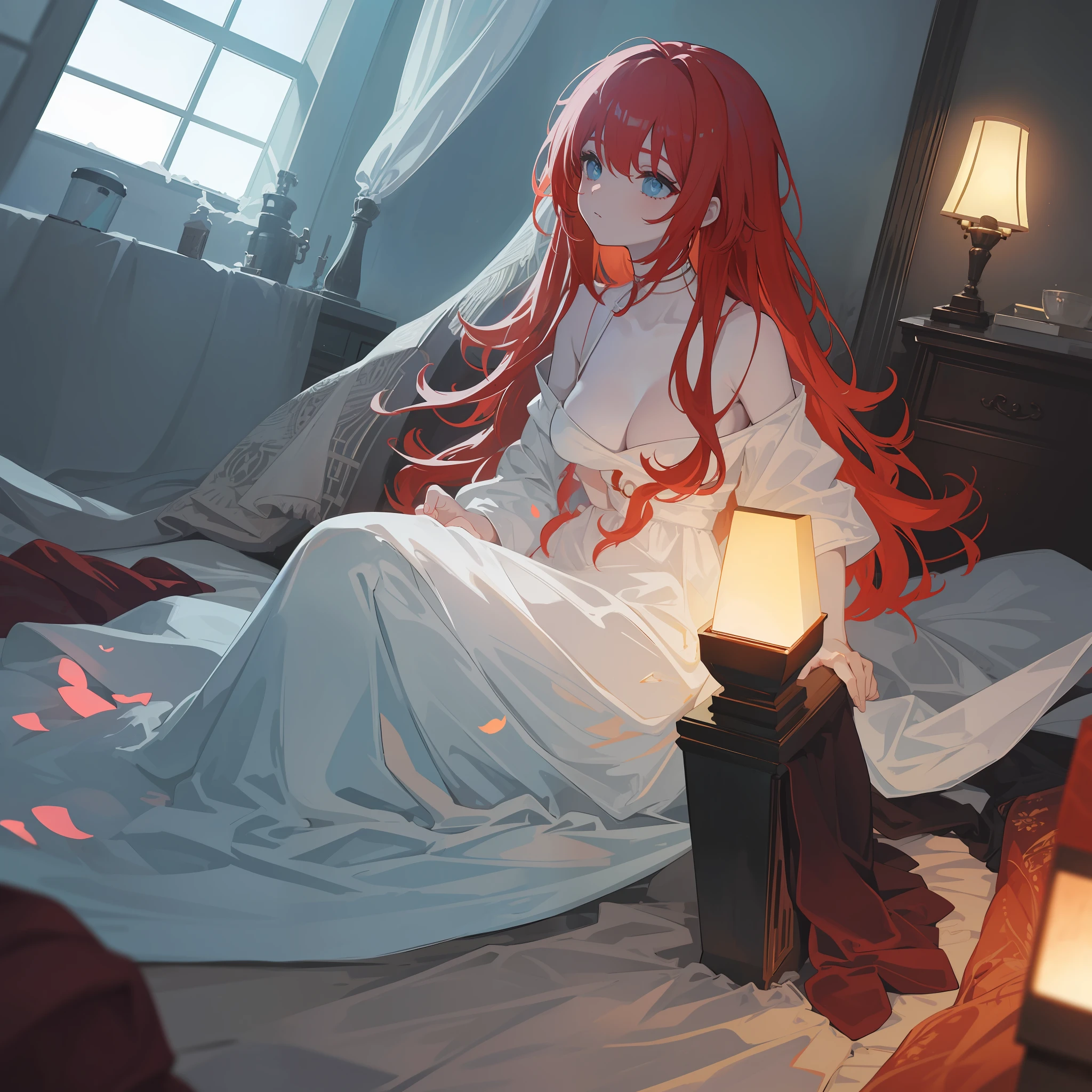 In the middle of the silent night, a beautiful room is located by the seashore. Red-haired girl lay on the bed. The large, open windows let in the soft moonlight into the room, illuminating every corner with light