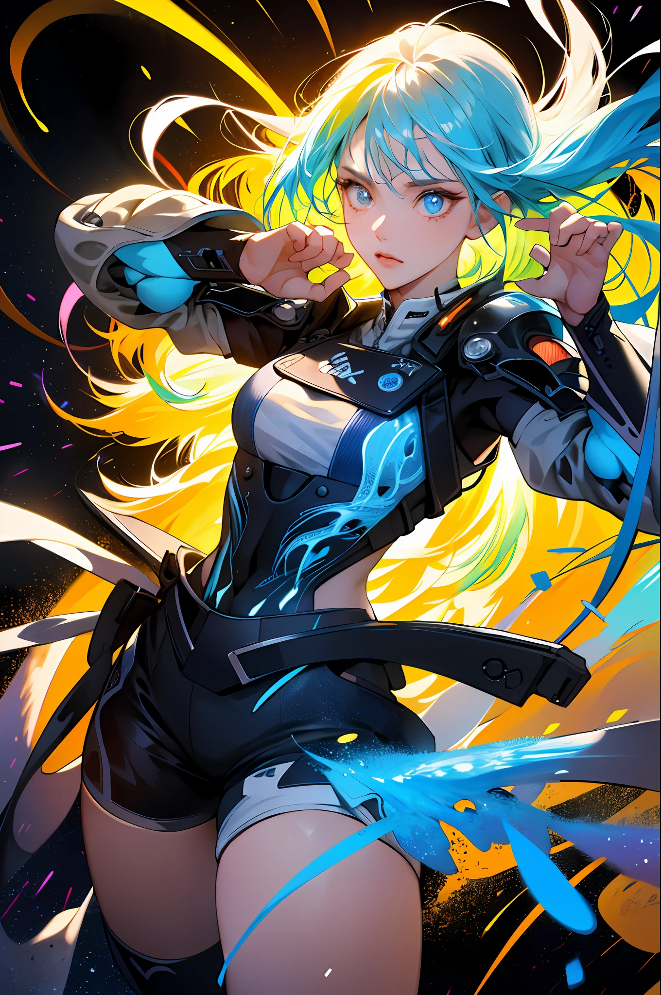 absurdres, highres, ultra detailed, 1girl, solo, extremely detailed eyes, light painting, (long exposure:1.2),dynamic streaks, luminous trails, vibrant colors, fluid movement, captivating patterns, creative experimentation,(highest detailed),(cowboy shot:1.2),dynamic pose