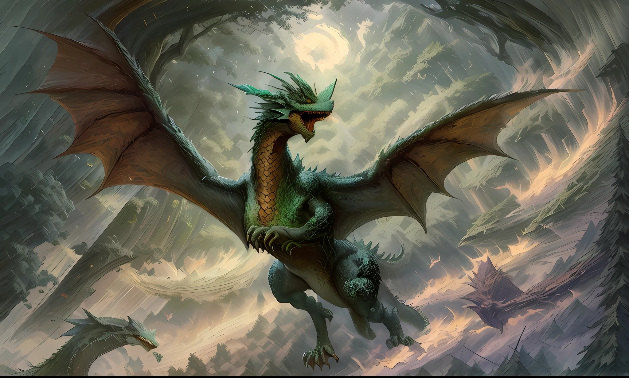 painting of a dragon flying through a forest with trees, oil painting of dragon forest, dragon flying, dragon flying in the background, wyvern, inspired by Roger Dean, flying dragon, great mystical winged serpent, inspired by Robert Bateman, pterodactyl, flying mythical beasts, dragons flying around, with pterosaurs flying, green dragon, oil painting of dragon