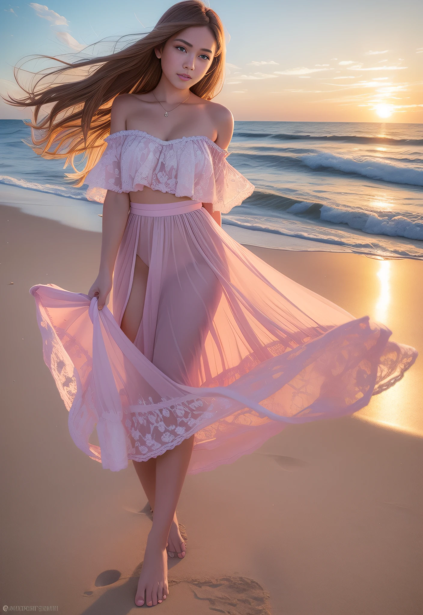 imagine prompt: A breathtaking 20-year-old woman wearing a fantastic outfit stands on a deserted beach, the waves crashing against the shore. The setting sun paints the sky with hues of orange, pink, and purple, casting a warm glow on the woman and the landscape. She walks barefoot in the sand, her outfit billowing in the gentle sea breeze. The beach stretches for miles, with seashells scattered along the shore and seagulls soaring in the distance. The lighting is a mix of natural light and golden hour lighting, creating a dreamy and romantic atmosphere. Photo taken by Ellen von Unwerth with a Sony A7R IV and a wide-angle lens, capturing the beauty and serenity of the moment. --v 5 --q 2