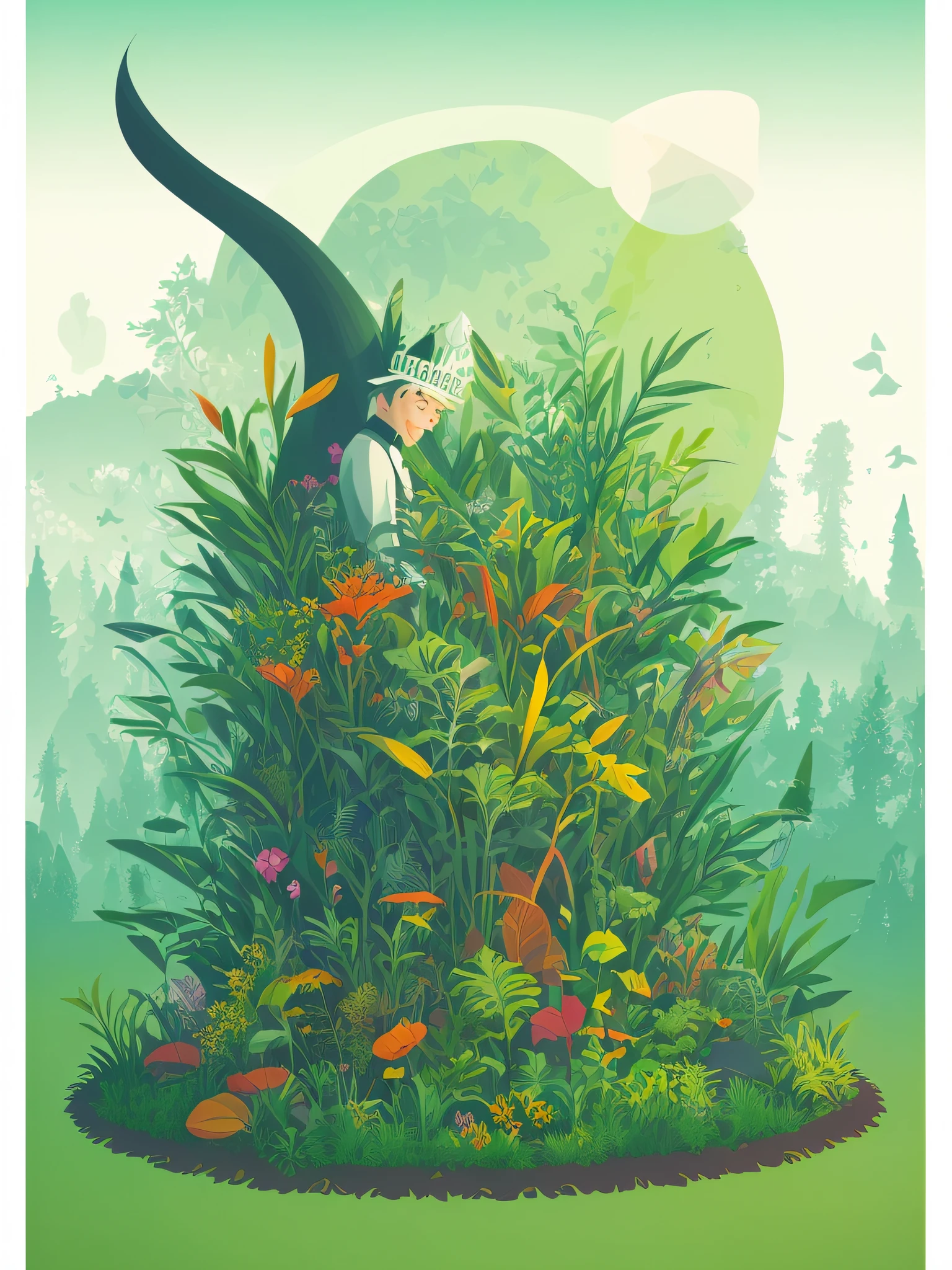 Magazine cover, flat illustration design, ecology and human health, earth overgrown with greenery, fantasy, abstract, 8k, no C4D