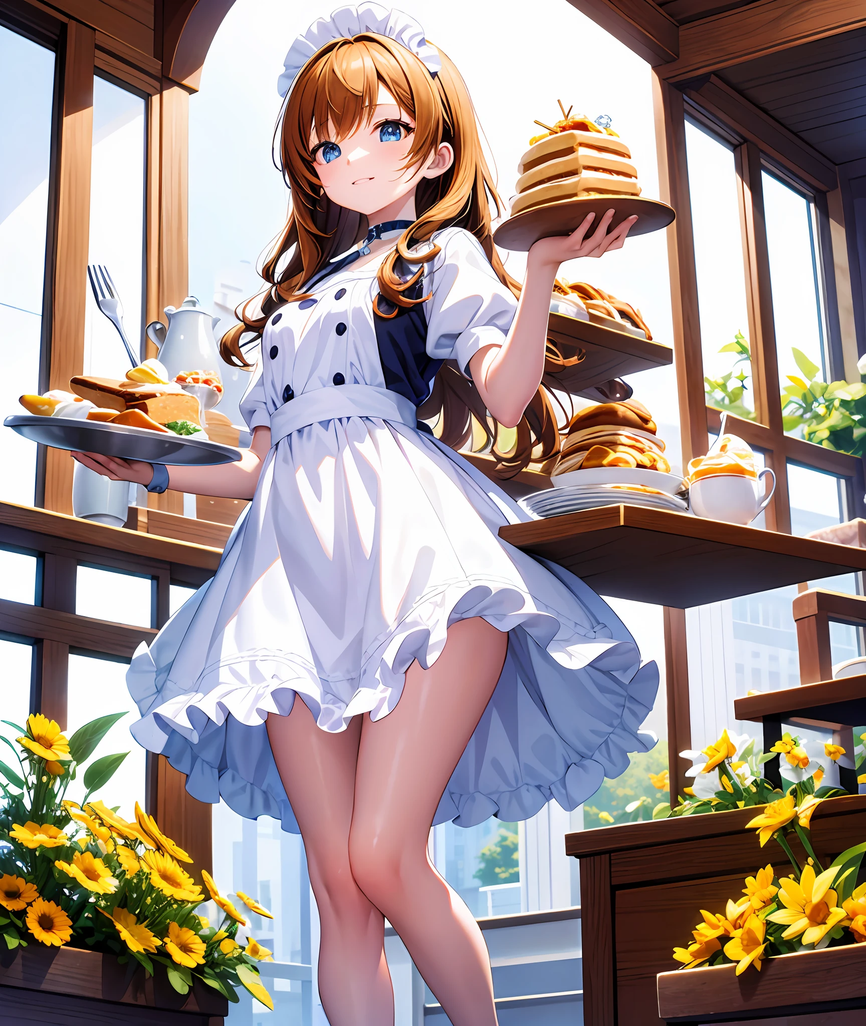 [(white background:1.5)::5], isometric, mid shot, full body,1girl, chibi, cute,((best quality)), ((masterpiece)), (extreme detailed, highest detailed, official art, beautiful ,aesthetic),honey bee themed, honey, dressed in a (sky blue maid dress), white headdress, golden bells, choker, background is full of breakfast food items like: pancakes, eggs, bacon, white bread slices, coffee, milk, cereal, and others, kitchen or cafe themed, with small bumblebees flying around