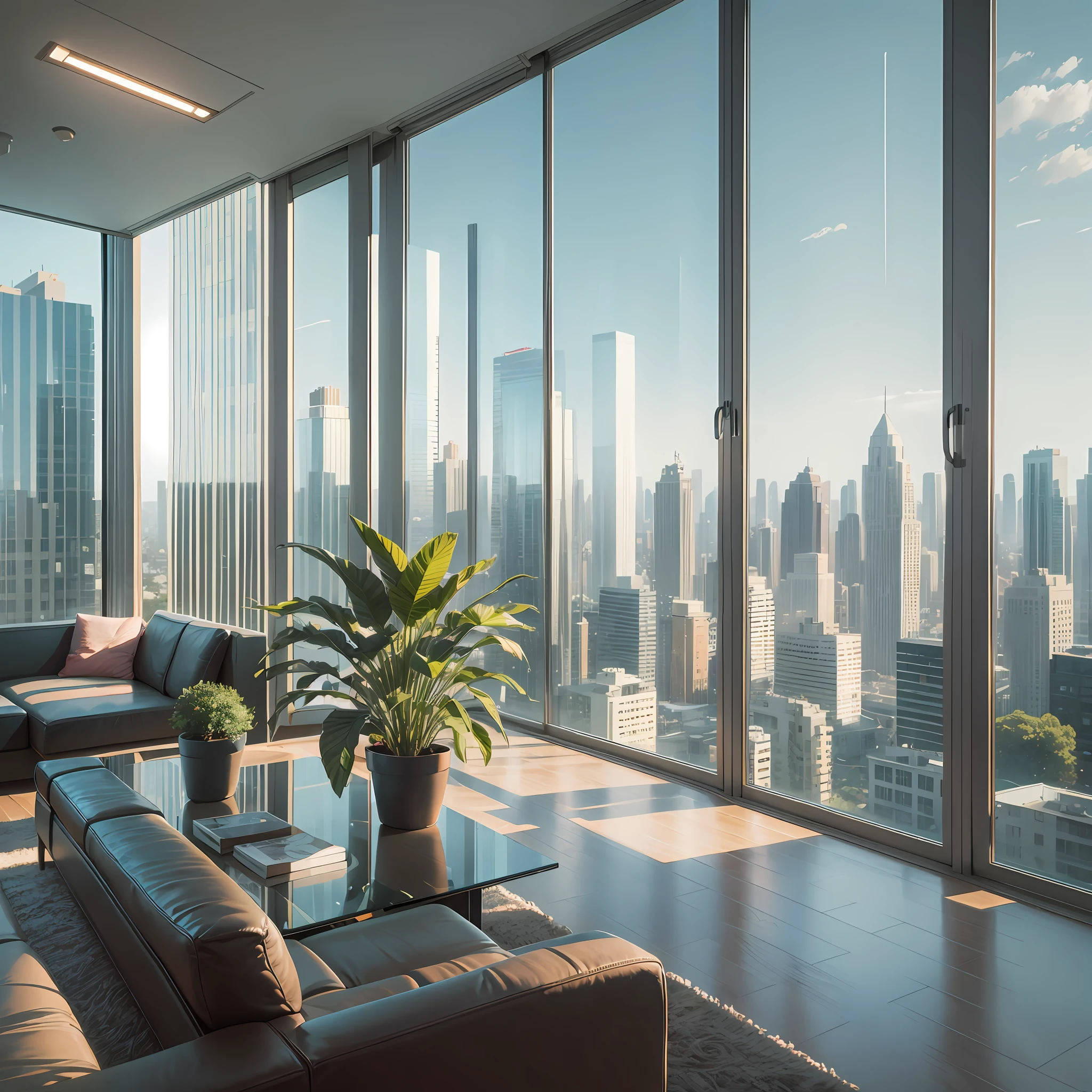 High resolution, game background, hand-drawn, non-realistic, city view from the interior, large floor-to-ceiling windows, daytime, a little sense of technology, plants, --auto --s2