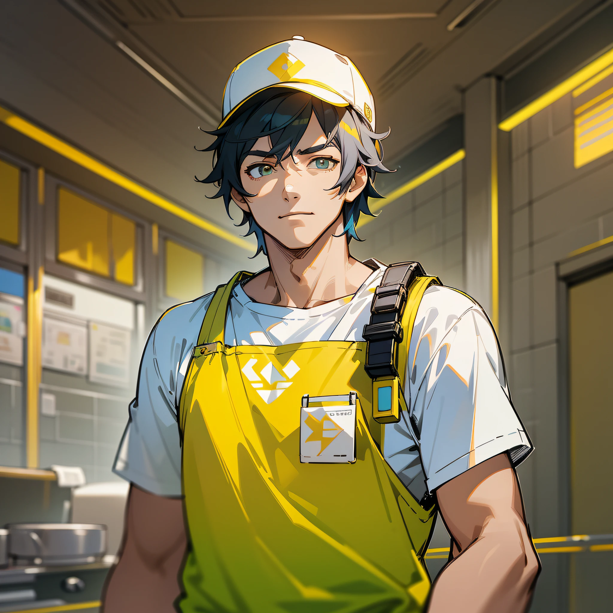 A man, wearing white t-shirt yellow vest, takeaway clothes, wearing yellow hat, showing only upper body (super intricate details), (super detailed CG: 1.2), anime art style, high quality 8K anime wallpaper, RGB lighting