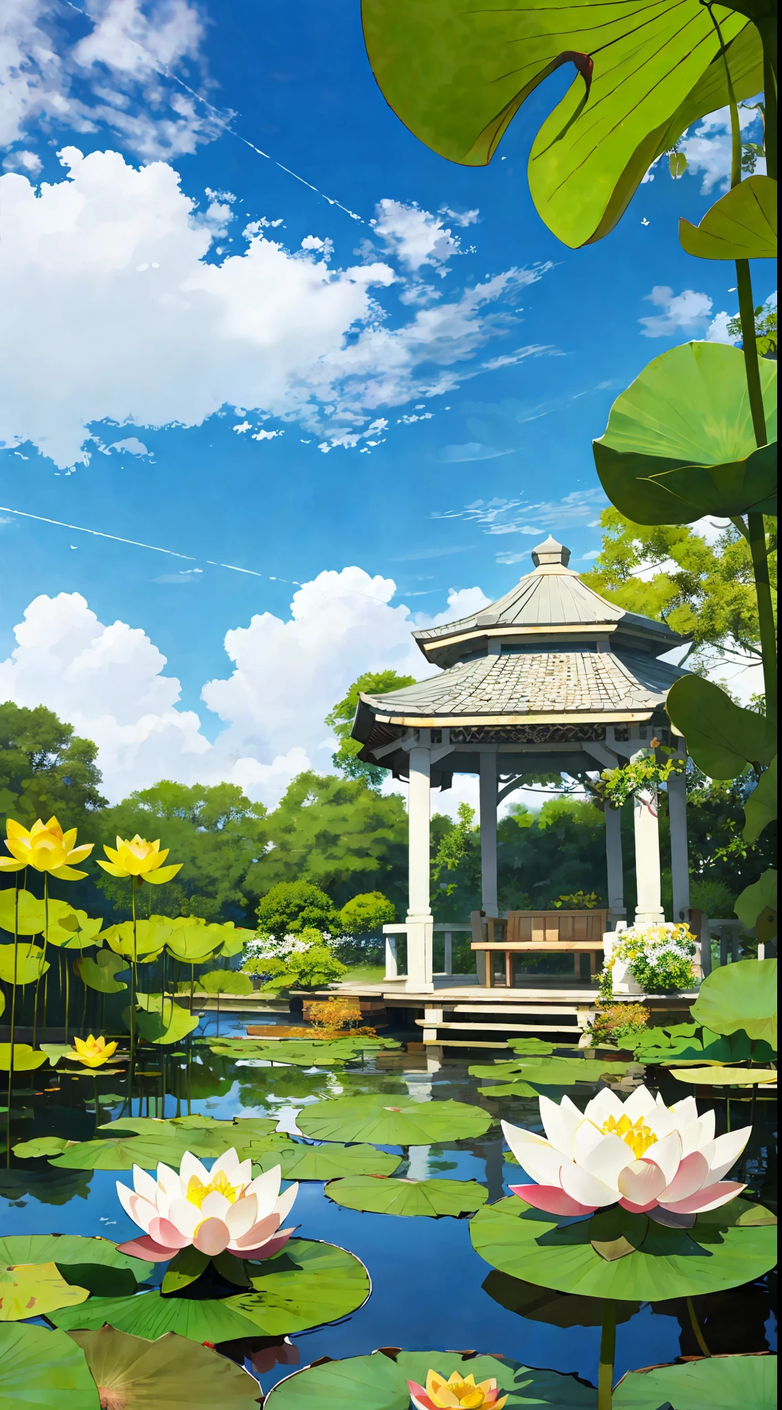 (SFW), pond, lotus, large lotus leaves, gazebo, blue sky and white clouds, perfect quality, clear focus, colorful, intricate details, ultra-low viewing angle, wide angle lens