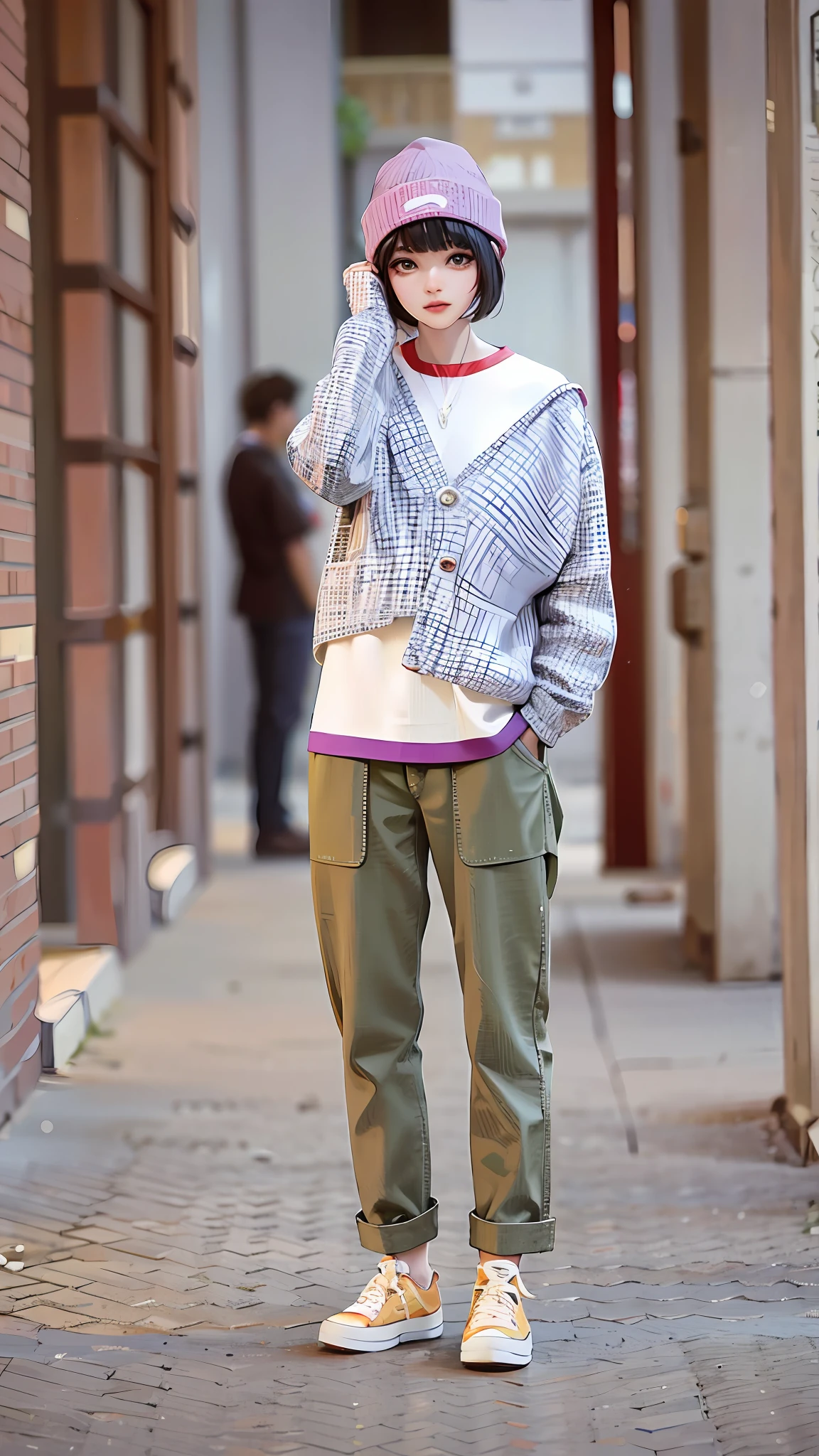 girl, vertical painting, natural light, global light, front view, fashion, pattern, fashion, trendy brand, tank top, cool, necklace, hip hop, bracelet, zipper, button, pattern, logo, pleats, sophisticated, sequin, sparkle, generate more details, plaid shirt, t-shirt, slacks, cargo pants, canvas shoes, shiny, modern, anime style, anime, modern, futuristic, first-person perspective, panorama, concept art, uhd, masterpiece, ccurate, super detail, high detail, High quality, best quality, high resolution, no background, white background