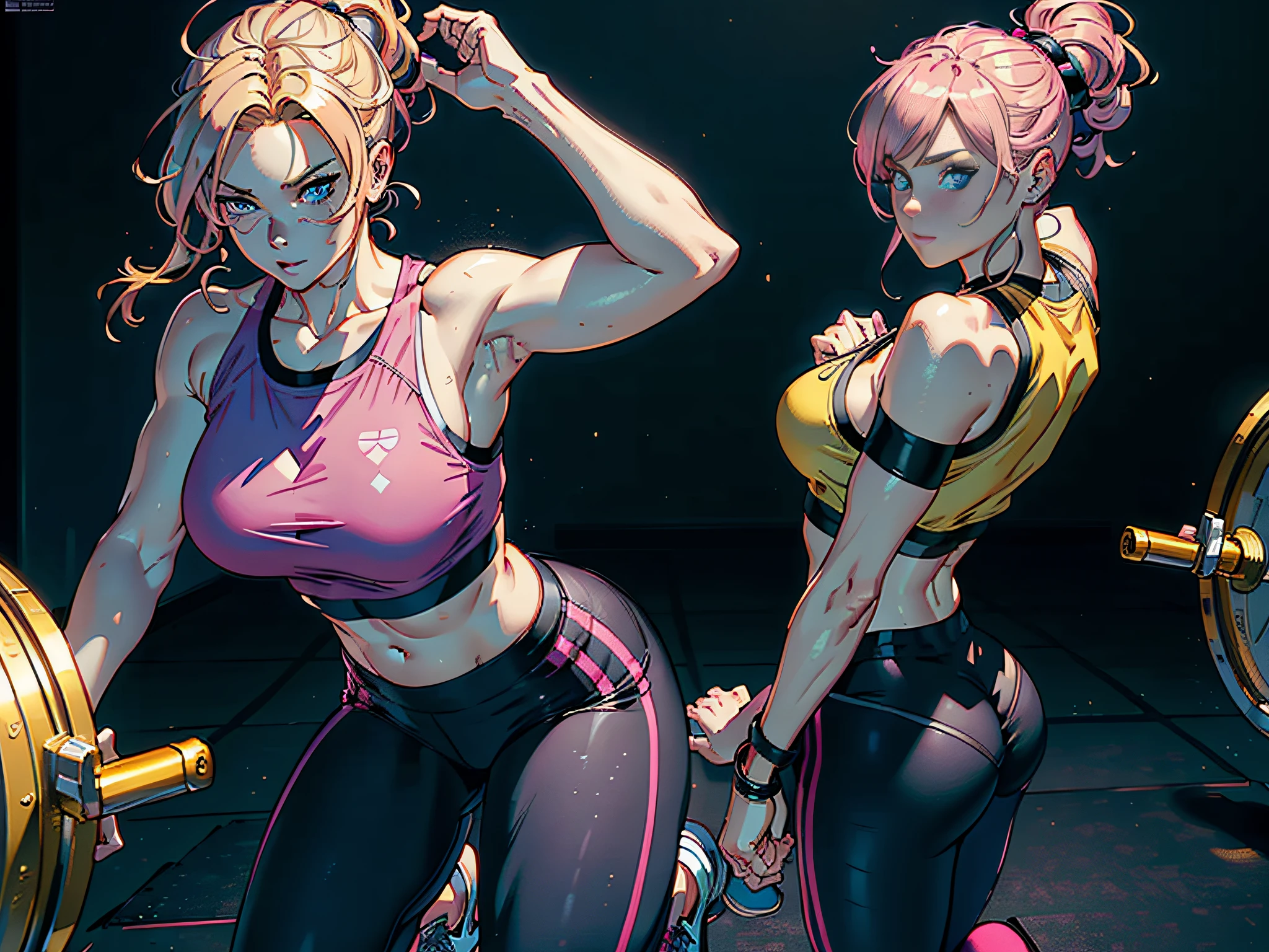 ((Masterpiece)), (Best Quality)), 8K, HD, Super Detail, (Woman), (Pink Sports Vest), (Golden Hair), (Black Yoga Pants) (Blue Eyes) (Background Gym) The artwork is a masterpiece, with the best quality and super detail, captured in 8K HD. Photographic realistic, realistic, very detailed illustrations realistic, octane rendering
