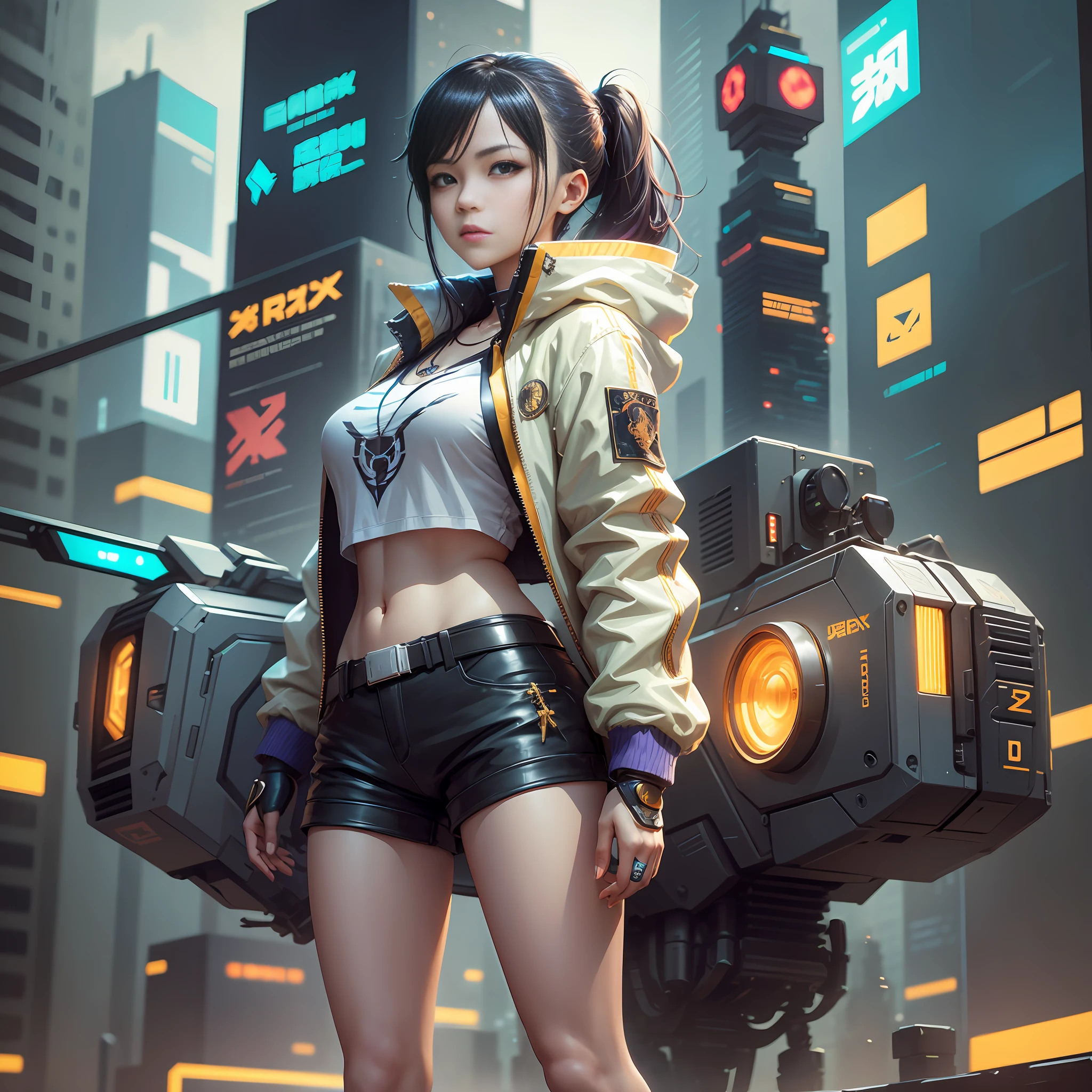 Boutique,best quality,Gold jewelry,(slip out feet),Fairy skin,(Fidelity :1.2),Standing,Super Detailed,realistic,High quality,Movie Light,Ray tracking,Ultra HD,Upper body
Girl in shorts and jacket standing next to giant robot, Guweiz style artwork, CyberPunk mech, Trends on CGSTATION, Guweiz, Russell Dongjun Lu, digital cyberpunk anime art, Ross Tran 8 K, Guweiz on ArtStation Pixiv, Girl in mecha network armor --auto --s2