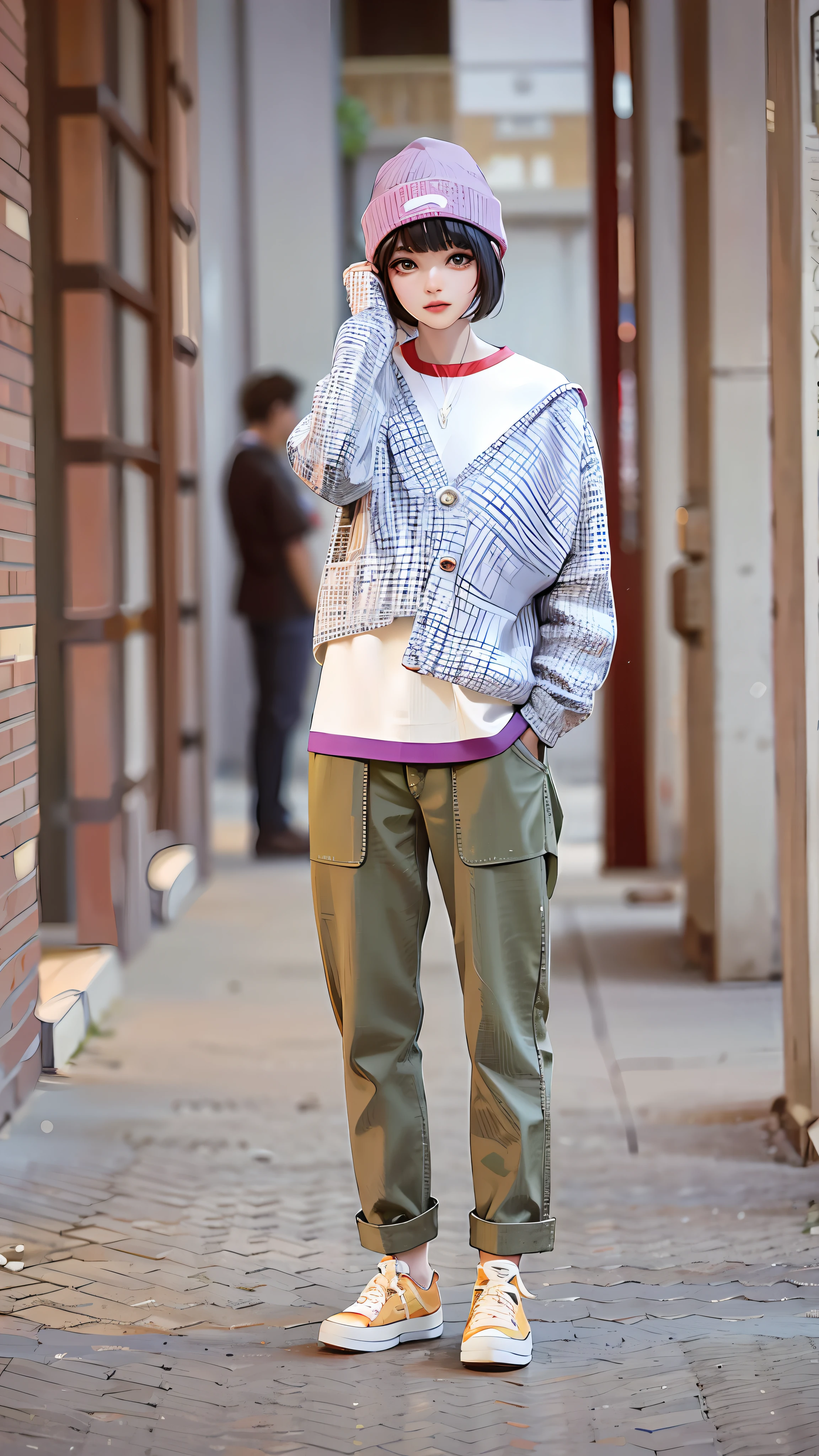 girl, vertical painting, natural light, global light, front view, fashion, pattern, fashion, trendy brand, tank top, cool, necklace, hip hop, bracelet, zipper, button, pattern, logo, pleats, sophisticated, sequin, sparkle, generate more details, plaid shirt, t-shirt, slacks, cargo pants, canvas shoes, shiny, modern, anime style, anime, modern, futuristic, first-person perspective, panorama, concept art, uhd, masterpiece, ccurate, super detail, high detail, High quality, best quality, high resolution, no background, white background
