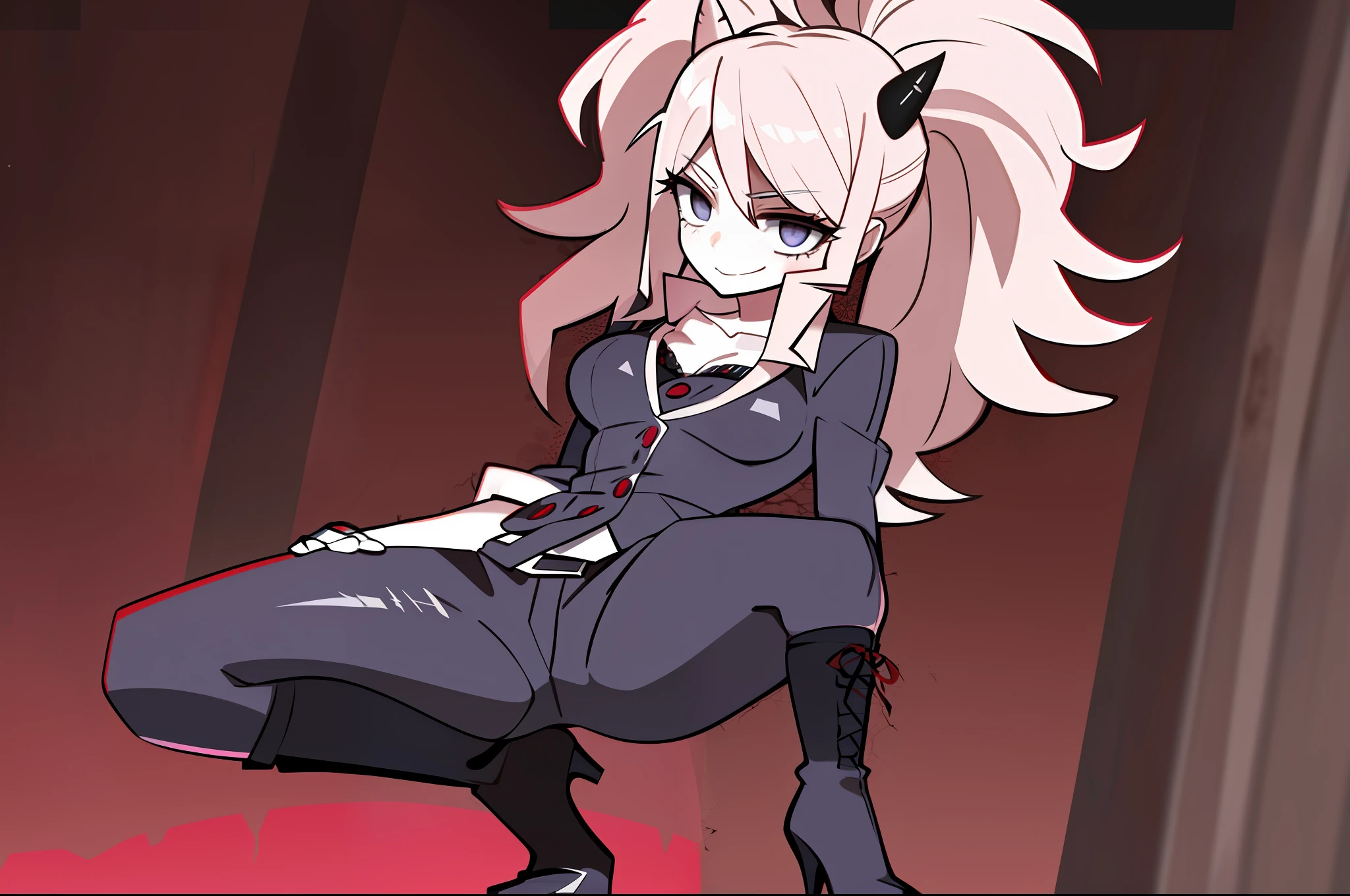 1girl, solo, masterpiece, best quality, a beautiful and detailed portrait of Junko Enoshima, black horns, white hair, hair tied in two twin pigtails, standing, clothed,(smile),outside,dead trees, dark clouds,official artstyle with official art,hellish and red background, red sky,overcast,posing, full body portrait, black cardigan over a white dress shirt, with both left open to the third button to expose the top of her black-and-red bra, a red pleated miniskirt that is cut extremely short, and mid-sized black boots with platform heels and red laces.