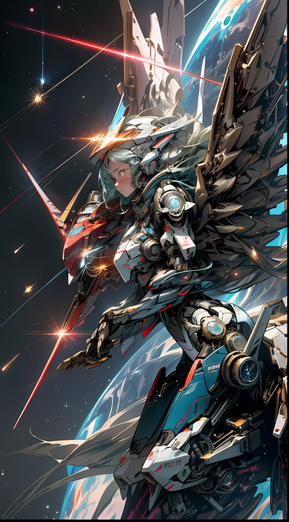 In space, huge planet, nebula, holding weapons, no humans, glowing, (female mech: 1.2), female robot, giant mechanical wings, mech wings, (flying in space: 1.3), comet fragments , glowing eyes, red mecha, science fiction, space, reality, mecha, galaxy background, neon lights, cyberpunk, HD wallpaper, CG art