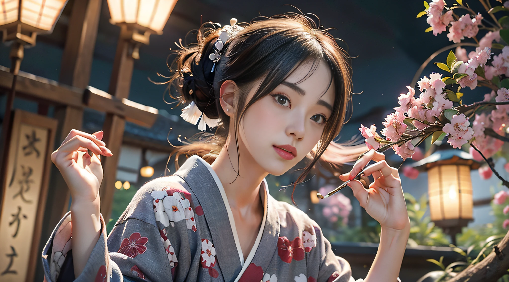 Beautiful Japan woman in kimono, traditional kimono of Japan, sprinkling, dressed, fluttering chest, world of Spirited Away, undulating proportions, seductive pose, provocative smile, mature woman, night scene, moonlight lighting, wind Japan fantasy background, lantern vermilion lantern, lantern vermilion lantern, red light, from below, masterpiece, exquisite and artistic face, very detailed and expressive eyes, shiny hair, Highly detailed face and skin texture, highly detailed skin with pores, detailed hand description, detailed leg description, 8K, 16K, top quality, professional writing, radiosity, film lighting, dramatic lighting, photorealistic, exquisite CG, physical rendering, ultra-realistic, realistic and realistic textures, Unreal Engine 5, dynamic angles,