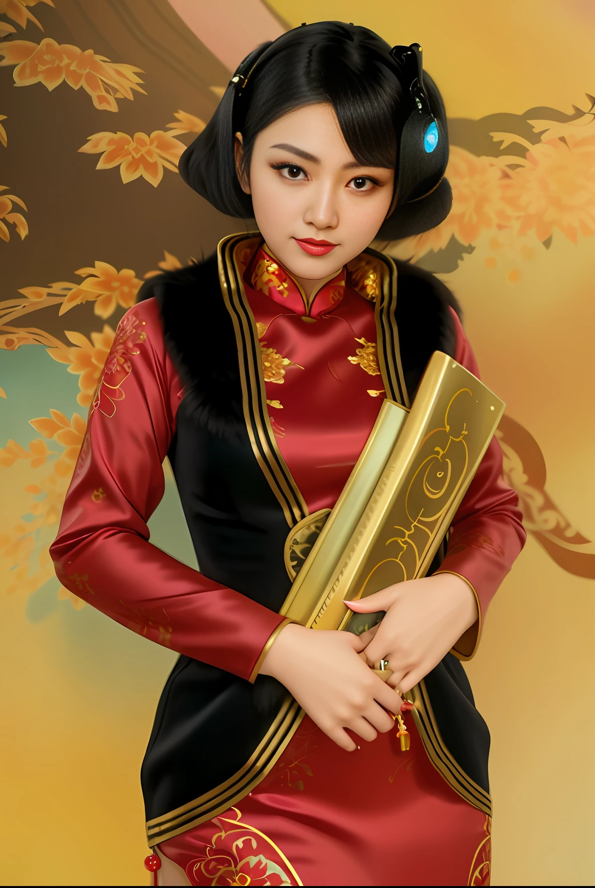 Realistic, high resolution, 1 girl in gorgeous cheongsam, (fur), (original photo, complex ultra-detailed costumes: 1.4, extremely gorgeous costumes), 1930s Shanghai, Vintagepunk sofa, vintagepunk lights, vintagepunk lights, vintagepunk background, movie lights, neon lights, masterpiece, perfect anatomy, perfect face, abstract beauty, illustrations, best quality, (official art, very detailed CG Unity 8k wallpaper), very detailed, ridiculous, 8k resolution, ((reality))), ((reality))), popular on art radio
