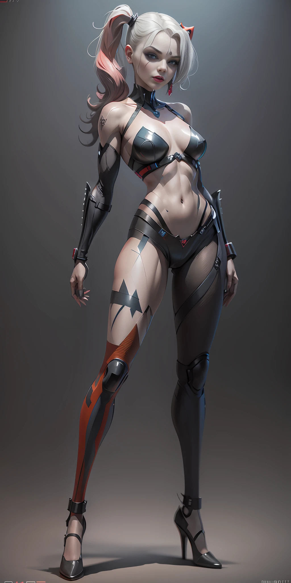 Harley Quinn from DC, frontal, full-length, looking at the camera, facing the audience, standing pose, simple background, three-dimensional light, detailed full-body concept, sleek digital concept art, beautiful full-body concept art, art trend, full-length CGsociety,