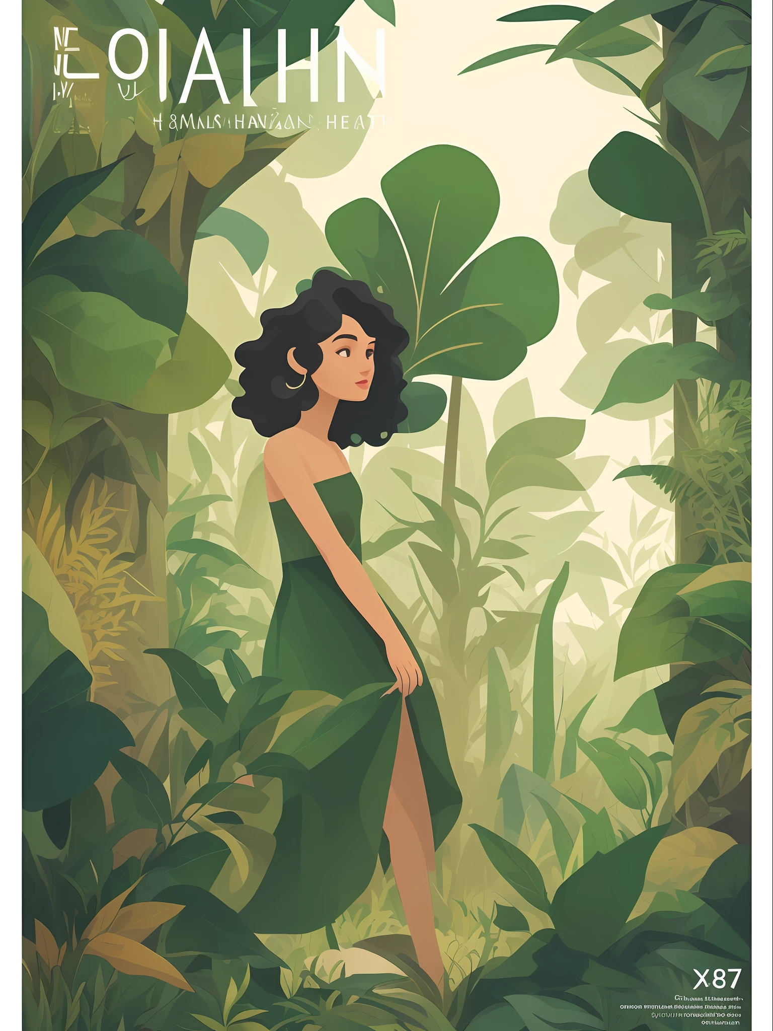 Magazine cover, flat illustration design, ecology and human health, earth overgrown with greenery, fantasy, abstract, 8k, no C4D