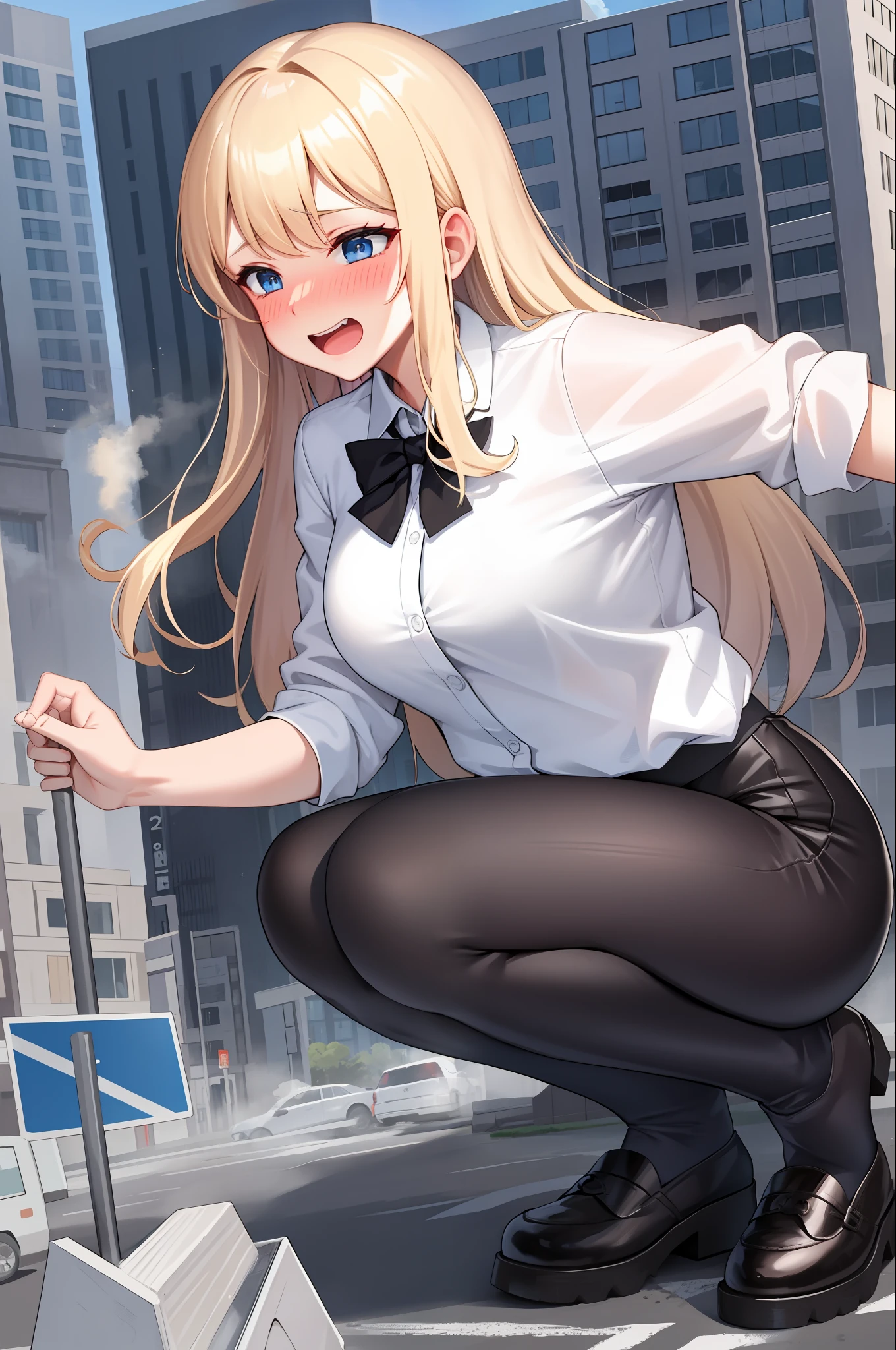 Gts, stepping, white shirt, black leggings, blonde hair, blue eyes, rampage, laughing, face blush, unstoppable