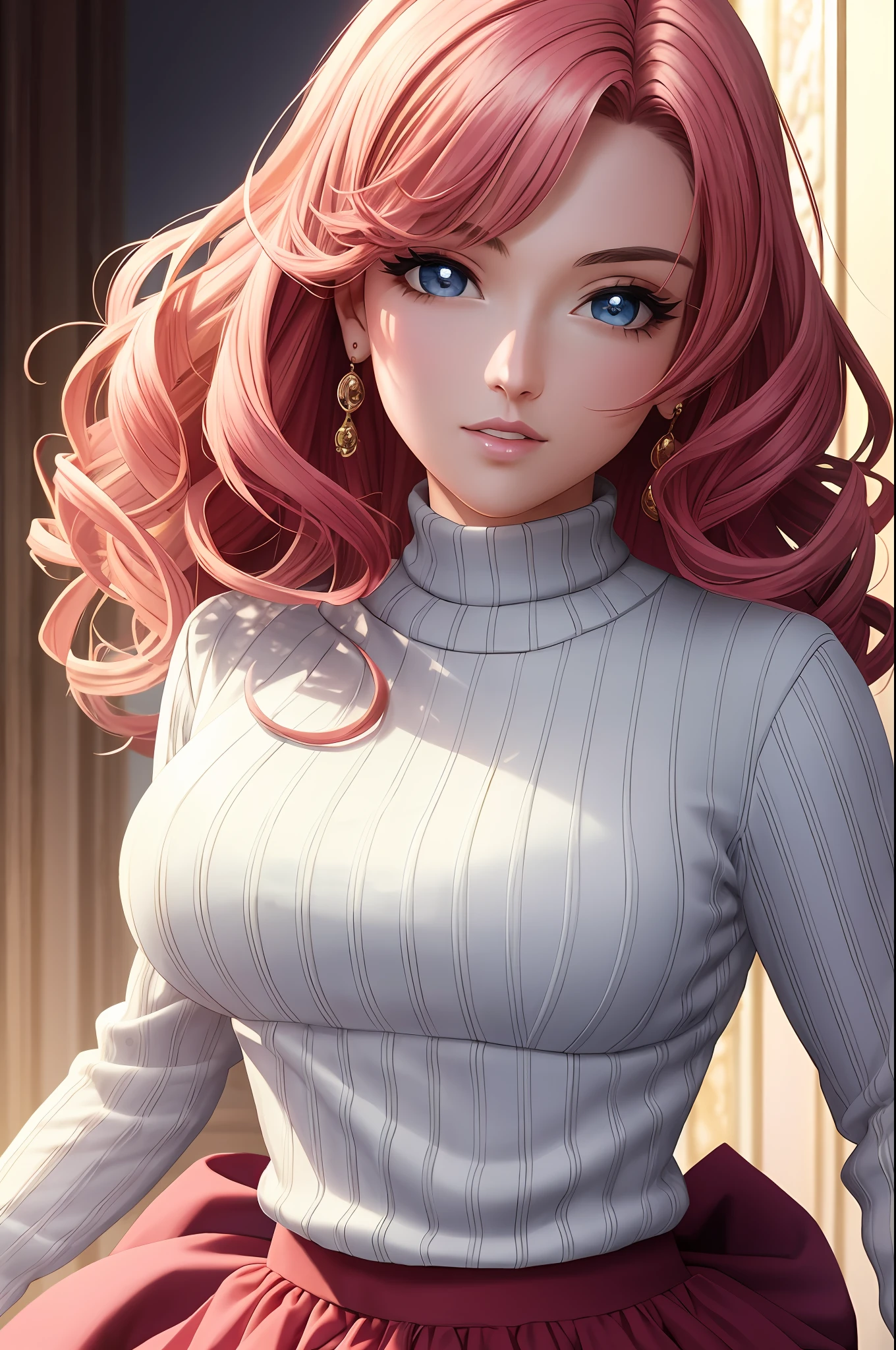Illustration, anime style, (masterpiece, top quality, super detail, high resolution), perfect face, sidelights, shiny skin, (bloom), (shine), lighting, ray tracing, 1girl, solo, pink hair, sweater, beautiful eyes of black color, skirt, yellow sweater, hair bow, pink skirt, bow, pink bow, lips, turtleneck, upper body, curly, chest, turtleneck sweater, parted lips, jewelry, depth_of_field, highly detailed background, highly detailed background, masterpiece, super detail, great composition,dynamic angle,[bottle bottom],(wide shot), very delicate and beautiful,(best quality), (master work), depth of field, solo, extreme light and shadow, masterpiece, rich in detail, (fine features), ( Best Quality), (Masterpiece), (Detail Eyes), (Beautiful) Detail,Beautiful Detail Eyes,(Straight On), Upper Body,(Very Detail CG Unity 8k Wallpaper),(Masterpiece), (Best Quality), (Super Detailed), (Best Illustration)(Best Shadows),Perfect Lighting,Perfect Anatomy