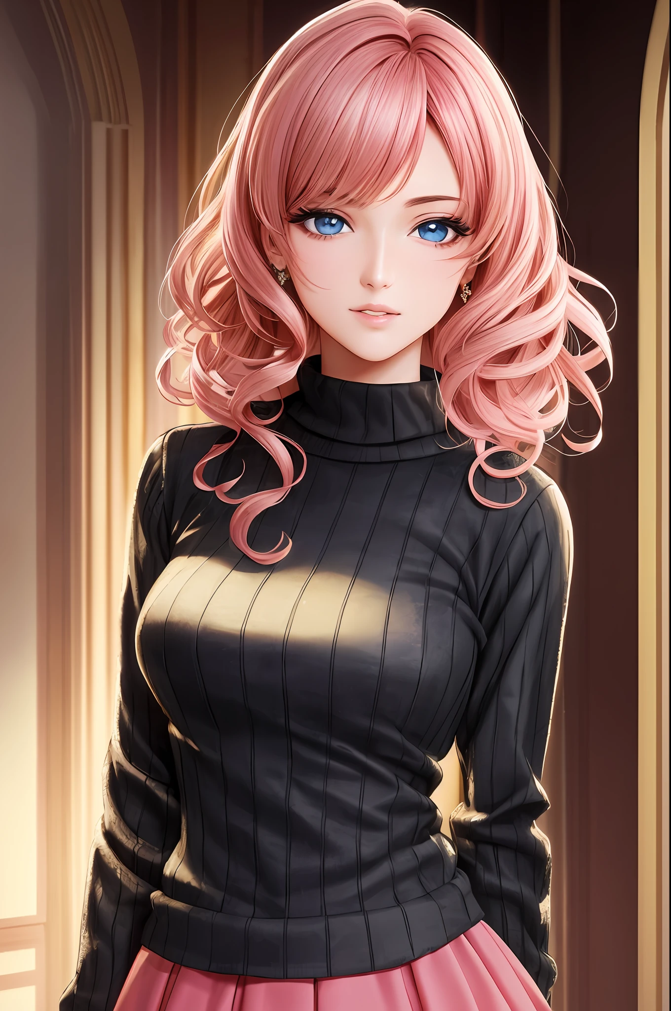 Illustration, anime style, (masterpiece, top quality, super detail, high resolution), perfect face, sidelights, shiny skin, (bloom), (shine), lighting, ray tracing, 1girl, solo, pink hair, sweater, beautiful eyes of black color, skirt, yellow sweater, hair bow, pink skirt, bow, pink bow, lips, turtleneck, upper body, curly, chest, turtleneck sweater, parted lips, jewelry, depth_of_field, highly detailed background, highly detailed background, masterpiece, super detail, great composition,dynamic angle,[bottle bottom],(wide shot), very delicate and beautiful,(best quality), (master work), depth of field, solo, extreme light and shadow, masterpiece, rich in detail, (fine features), ( Best Quality), (Masterpiece), (Detail Eyes), (Beautiful) Detail,Beautiful Detail Eyes,(Straight On), Upper Body,(Very Detail CG Unity 8k Wallpaper),(Masterpiece), (Best Quality), (Super Detailed), (Best Illustration)(Best Shadows),Perfect Lighting,Perfect Anatomy