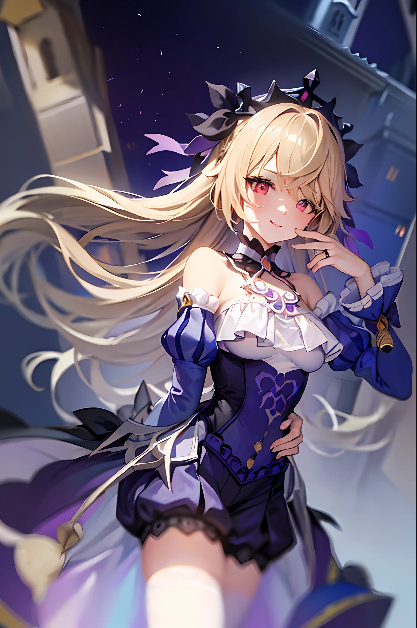 (Realistic painting style: 1.1), Masterpiece, Best Quality, Absurd, Fischl (ein Immernachtstraum) (Genshin Impact), Red Eyes, (White Pupil: 1.2), Alternating Eye Colors, Fischl (Genshin Impact), Split Collar, Split Sleeve, Official Alternate Costume, 1girl, Solo, Blonde, Hair Above One Eye, Headdress, Dress, Smile, Long Hair, Long Stockings , bare shoulders, white stockings, long sleeves, looking at the audience, frills, rings, lips parting, purple dress, puff sleeves, pantyhose, bangs, white pantyhose, single leg pantyhose, blush, juliet sleeves, beautiful breasts, hands up, ribbon, frilled sleeves, one leg buttock lift, jewelry night, outdoors, castle, moon, (big breasts:0.9)
