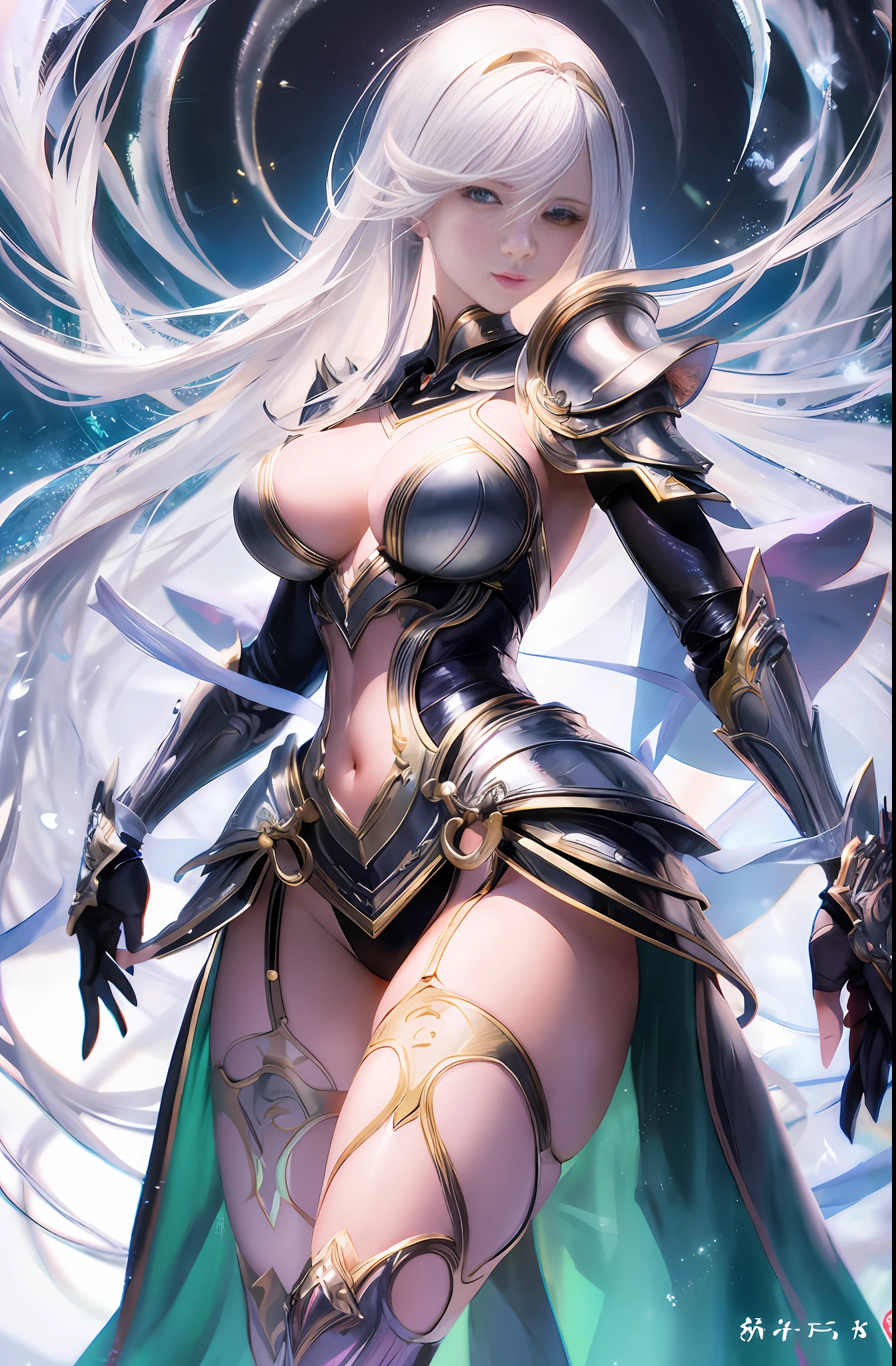 Master anime work, impeccable masterpiece, a mature female character wearing sexy transparent armor standing on a pure white background, flowing silver hair, full body standing, slender legs, straight breasts, detailed face details, natural and beautiful standing, vivid and real body details