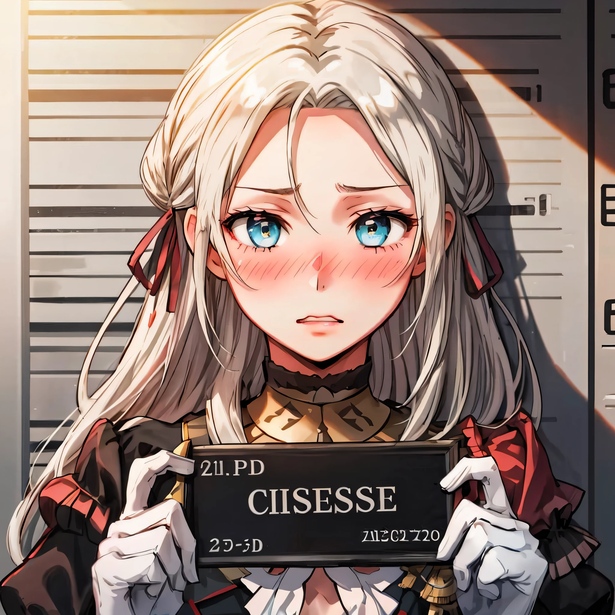 barbie mugshot, 1girl, edelgard student, hair ribbon, blush, embarrassed, closed mouth, parted lips, white gloves,