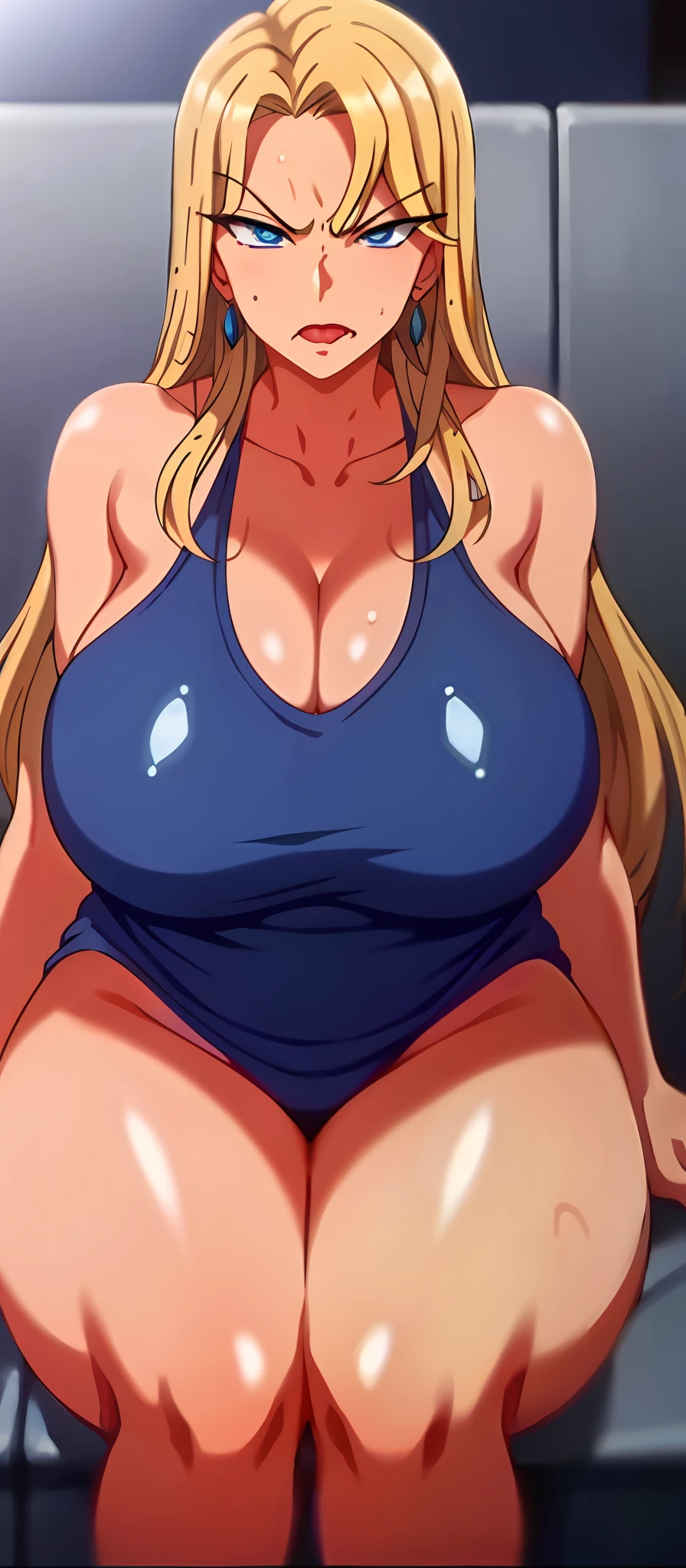 Sitting on knees, huge breasts, plump, pretty face, thickness body,blonde hair, blue eyes, tongue out, angry, masterpiec, ultra quality, 4k quality, high details, armpits, sweaty, wet dress, mom, 1 girl,