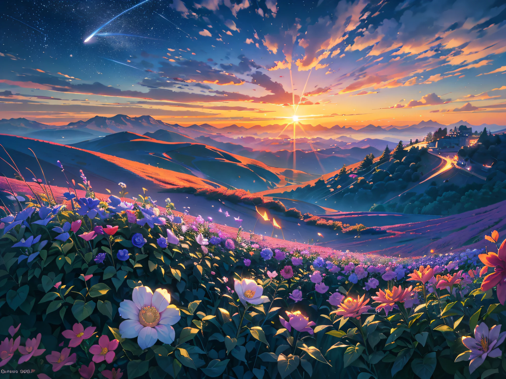 Vast sunrise landscape photos, (from below, sky above, open fields below), flower fields (best quality), 4k, ultra-detailed, (meteors: 0.9), (nebulae: 1.3), distant mountains, trees BREAK making art, (warm light source: 1.2), (fireflies: 1.2), lamps, lots of purple and orange, intricate details, volumetric lighting, realism BREAK (Masterpiece: 1.2), (Best Quality), 4K, Ultra-Detailed, (Dynamic Composition: 1.4), Very Detailed, Colorful Detail, (Iridescent Color: 1.2), (Glow Illumination, Atmospheric Lighting), Dreamy, Magical, (Solo: 1.2)