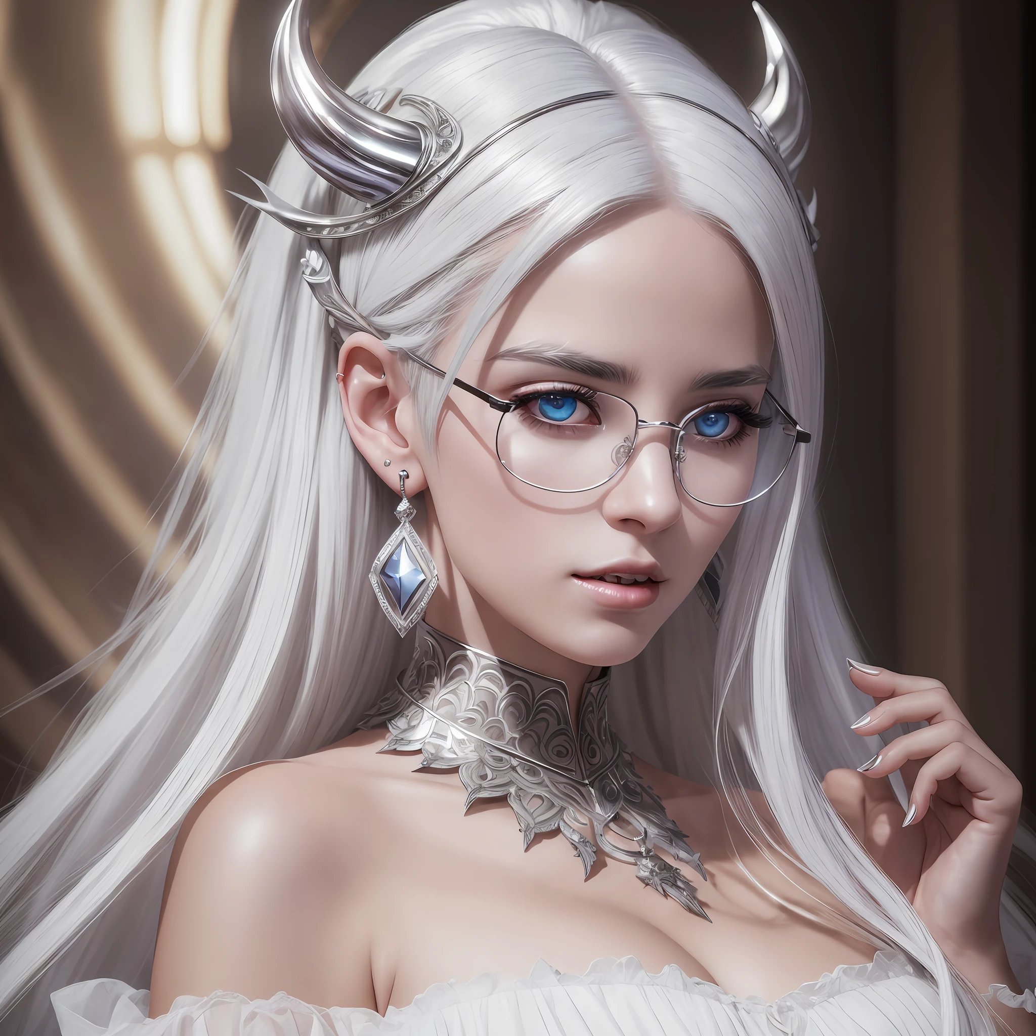 Best quality, masterpiece, ultra high res, (photorealistic:1.4), raw photo, 1girl, white hair, shiny skin, dramatic lighting, (fantasy), vampire, horn, earrings, white dress, glasses, --auto --s2