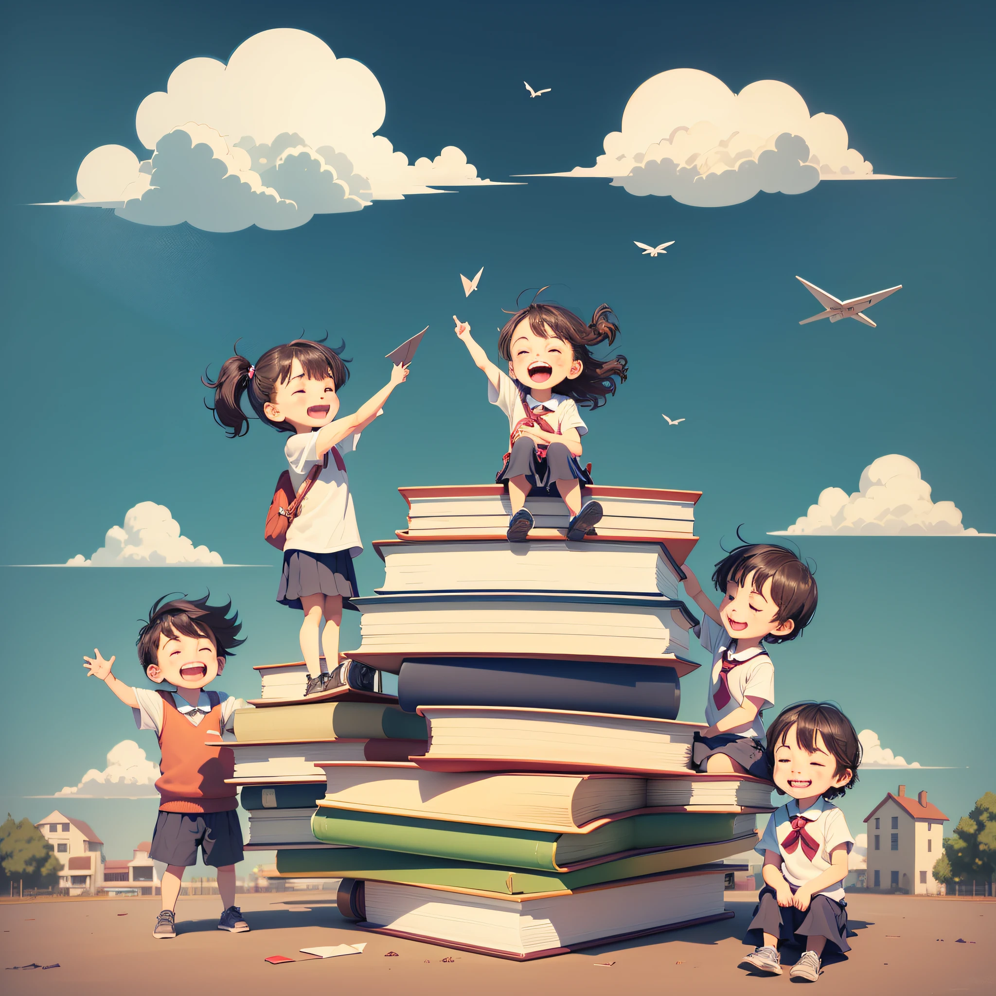 Multiple children, 8-10 years old, happy, huge books, one person sitting on a book two people standing on a book, flying paper airplane, simple sky cloud background, school playground in background, illustration --auto --s2