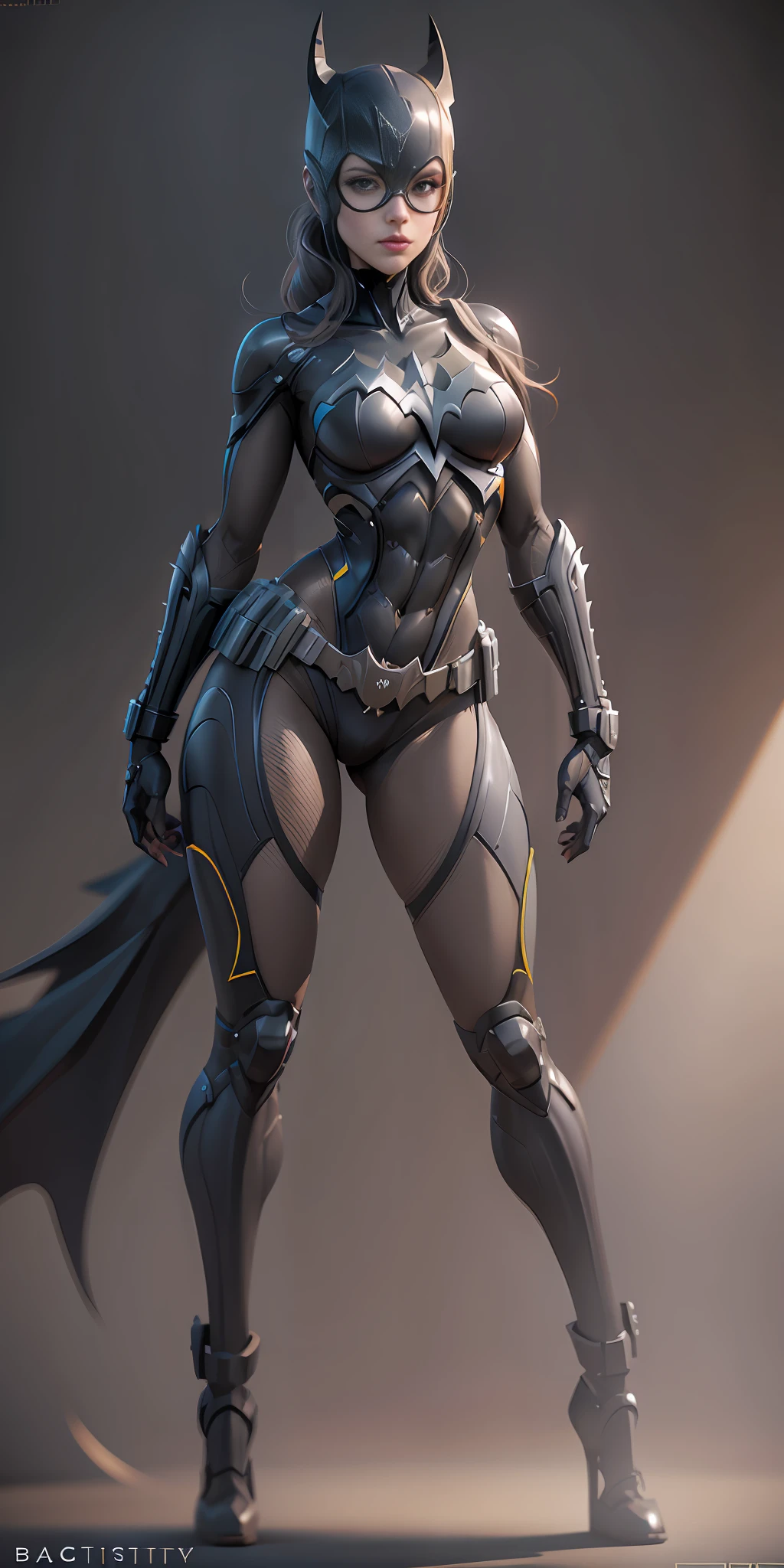 Batgirl from DC, frontal, full-length, looking at the camera, facing the audience, standing pose, simple background, three-dimensional light, detailed full-body concept, sleek digital concept art, beautiful full-body concept art, art trend, CGsociety full-length,