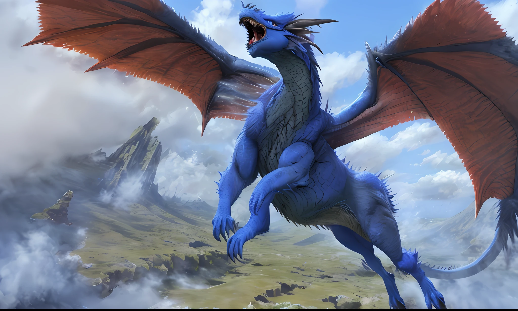 (8k, realistic,high resolution,ultra detailed)A blue dragon is flying over Juggle, it is huge and its nails are huge, its wings are red, the ghost is scary and ferocious