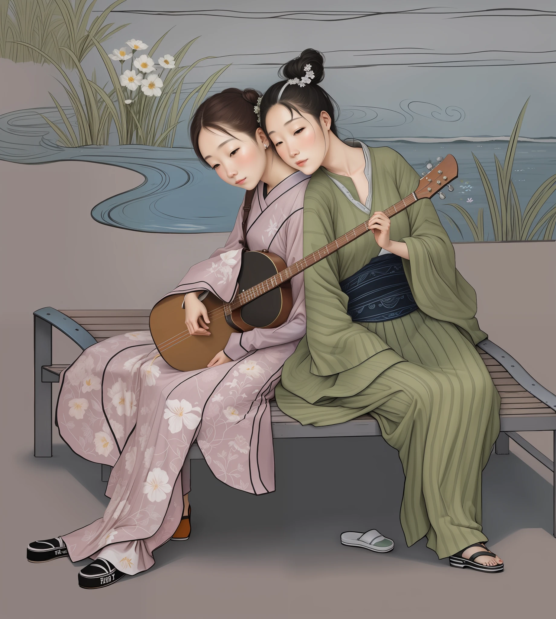 Painting of two women sitting on bench playing musical instruments, Yang J