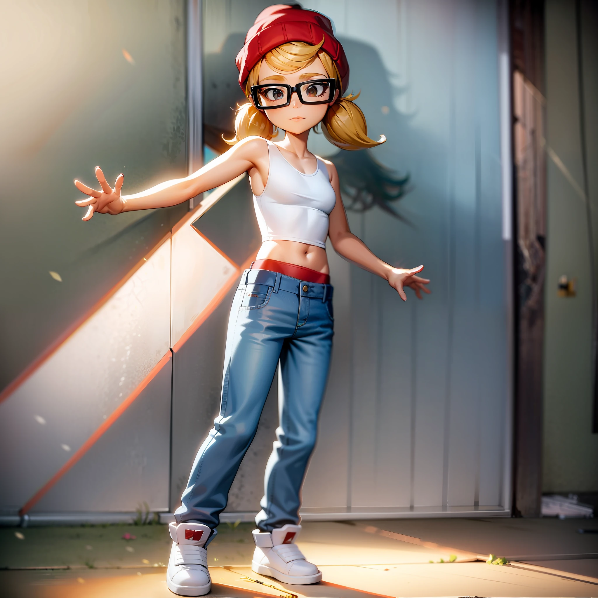 ((masterpiece, best quality)),(complex light),1girl,full body, solo, tricky, blonde hair, glasses, red beanie, white crop top, jeans, low twintails, sagging pants,