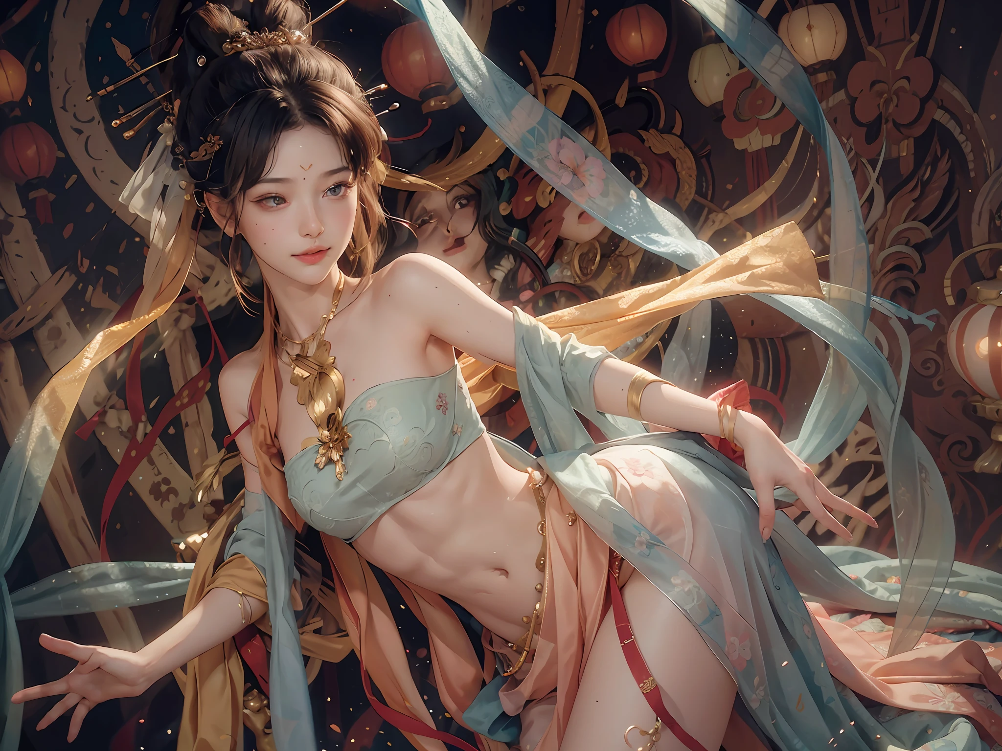 (8k, RAW photo, best quality, masterpiece: 1.2), (realistic, photorealistic photoreal: 1.4), (very detailed CG unity 8k wallpaper), (1 girl), dance, dunhuang_dress, dunhuang_style, dunhuang_background, one arm up, one hand to the viewer, gold ornaments, ancient Chinese hairstyle, tulle, streamers, light makeup, eye shadow, eyebrow mole, (face), Dynamic pose, background smoke surrounding, flower petals flying, details, jewelry, earrings, bracelets, shoulders, complex textures, busts