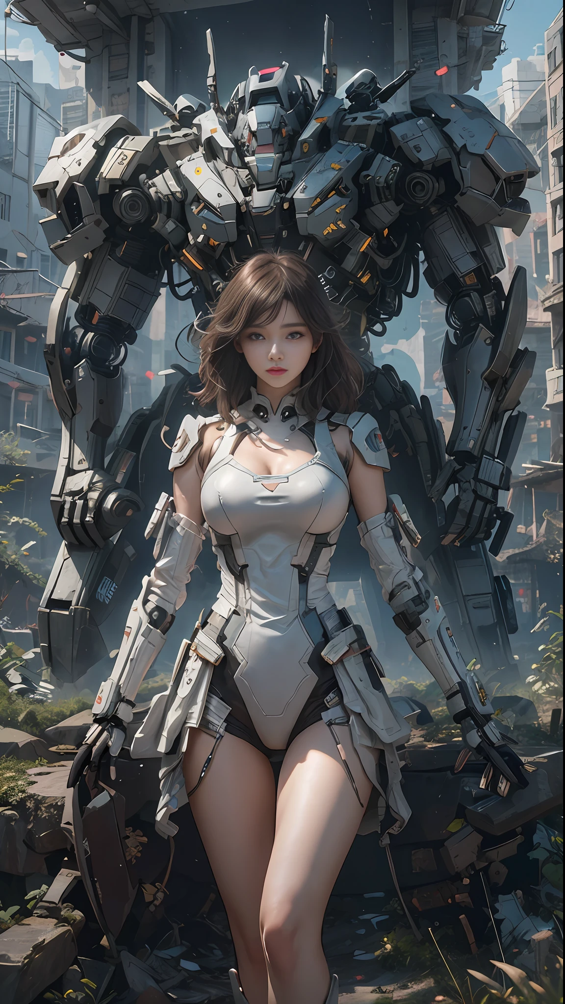 ((Best Quality)), ((Masterpiece)), (Very Detailed:1.3), 3D, Shitu-mecha, Beautiful cyberpunk woman with her pink mech in the ruins of a city in the forgotten war, Ancient technology, HDR (High Dynamic Range), ray tracing, NVIDIA RTX, super resolution, unreal 5, subsurface scattering, PBR texture, post-processing, anisotropic filtering, depth of field, maximum sharpness and sharpness, multi-layer texture, albedo and highlight maps, surface shading, Accurate simulation of light-material interactions, perfect proportions, octane rendering, duotone lighting, low ISO, white balance, rule of thirds, wide aperture, 8K RAW, high efficiency sub-pixels, subpixel convolution, luminous particles, light scattering, tyndall effect (whole body), (delicate facial features), (perfect face), dynamic angles.