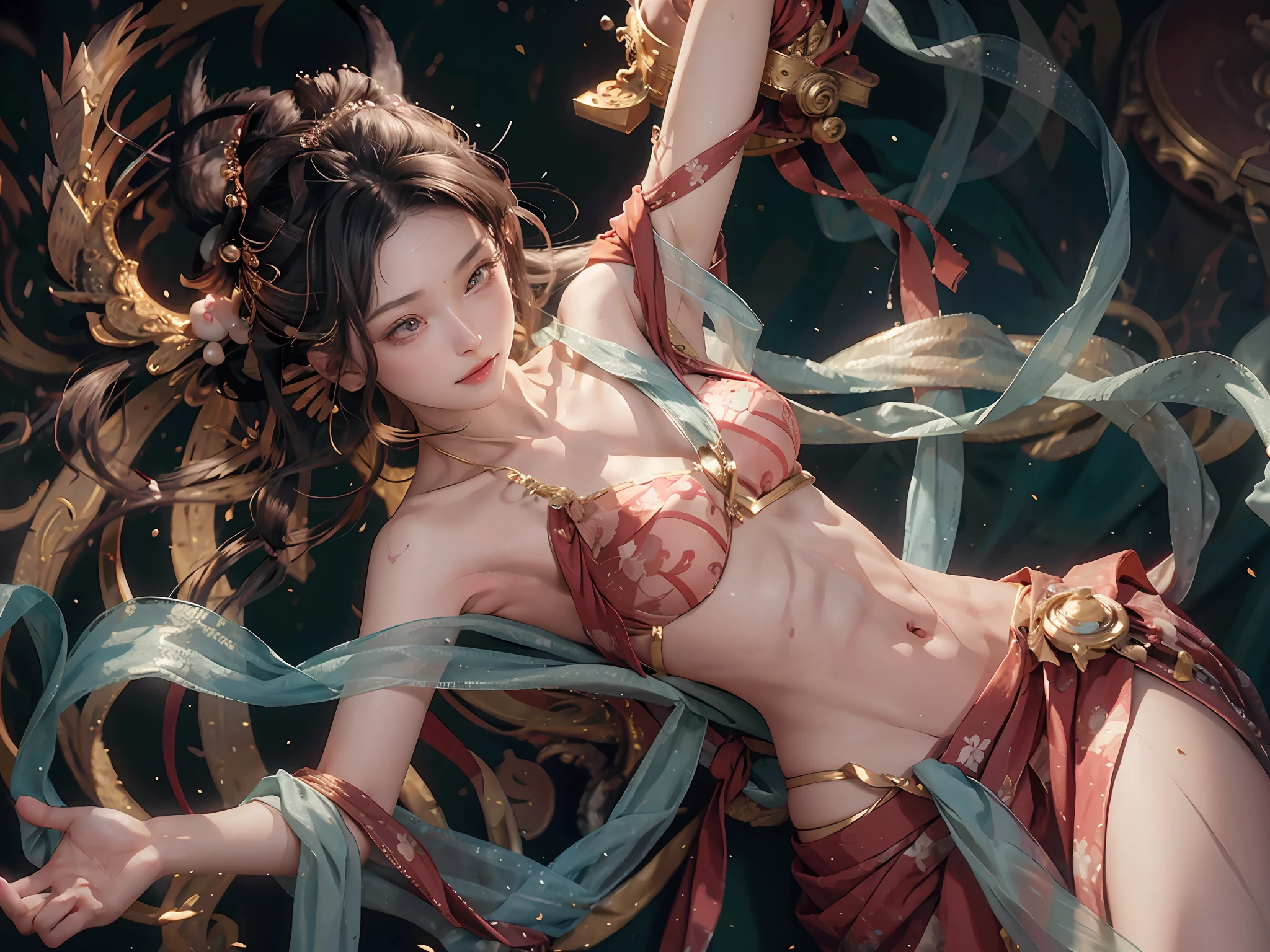 (RAW Photo, Best Quality), (Realistic, Photorealistic Real: 1.3), Best Quality, Highly Detailed, Masterpiece, Ultra Detailed, Illustration, 1 Girl, upper_body, Dynamic Angle, World Mastery Theater, messy_long_hair, Best Quality, Extremely Delicate Beautiful Girl, Supple Fair Skin, Delicate Facial Features, Perfect Face, Sexy Collarbone, Delicate Forehead, Delicate Eyelashes, Delicate Eyes, Bare Shoulders, Stunning Beauty, Extreme Details, Realistic Details, Abdomen, navel, extremely detailed CG unified 8k wallpaper, ink, amazing, sexy, peach blossom eyes, smile, movie lights, lens_flare, dunhuang_style, mother-in-law dance, bare shoulders, streamers, floating, lanterns, flying pipa girl