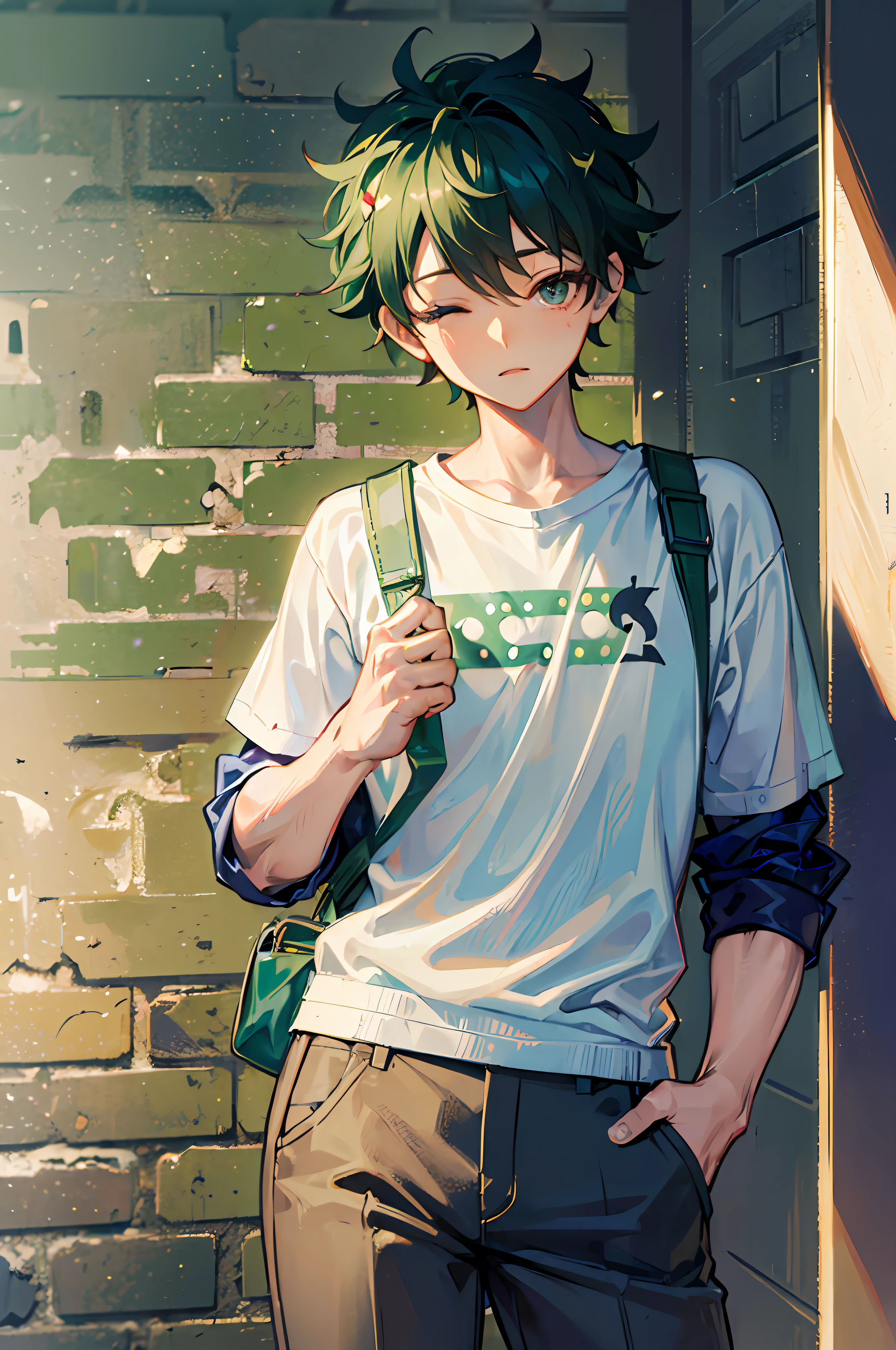 (((Masterpiece)))), ((Best Quality)), (((((Park))))), Izuku Midoriya, Detailed, 1 Boy, Standing, Short Green Hair, White Shirt, Looking Viewer, Pants, Ultra Detailed Face With Eyes Closed