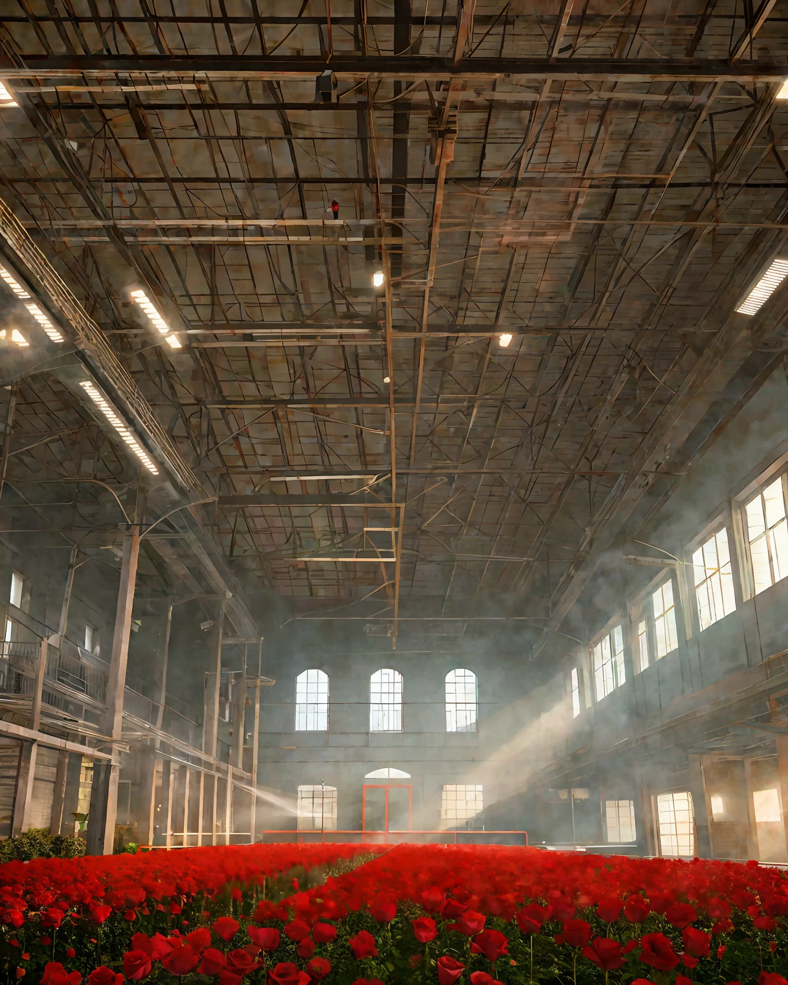 Super wide angle view, red rose garden + beautiful paintings in the factory area, tall factory with many iron frames, iron nets, factory lighting, Greg ratkowski, night, a little red rose on the iron frame, art station trend, low light, smoke, steel support, volume lighting, UE4, ZBrush, marmoset Kit HD --ar 9:16