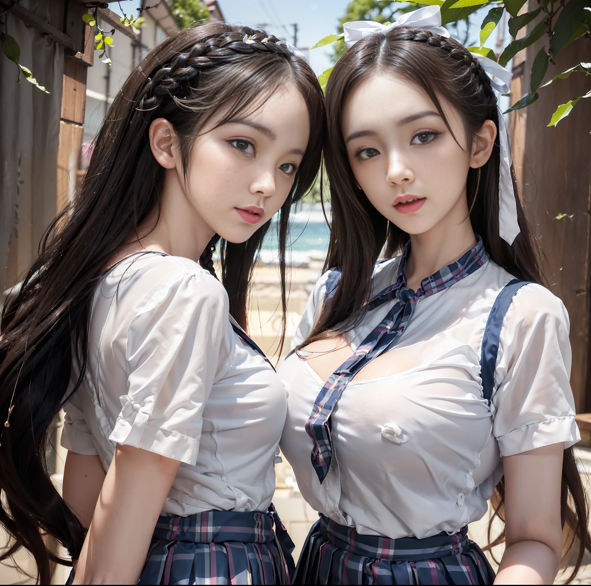 ulzzang-6500-v1.1, (top quality, masterpiece), (raw photo: 1.2), (photorealistic: 1.4), highest quality, master, very tasty and beautiful, highly detailed CG, 8k wallpaper, amazing fine details, master masterpiece, official art, huge file size, high resolution, 2-3 girls, ( snugly next to each other without separation between characters), (no break in one piece), teens to twenties, Nogizaka girls, (representations of the human body based on precise anatomy), intricate details, Japan schoolgirl uniforms, (neat white blouses of smooth sheer fabric with ribbon ties), (ultra mini navy blue tartan check pleated skirts), ( Everyone is wearing the same clothes), (tightly dressed), (less revealing upper body), (white panties), (fastening all buttons of the blouse)), blonde, (((very large breasts)), (very large women), (very large), (cramped clothes), (no bra), (area shows through skin tone), (pink areola), small tingles, (big buttocks) , (thin thighs), very beautiful eyes, bright ultramarine eyes, (detailed pupils reflecting light), (the iris of the eye is painted in detail with a fine radial pattern), (the expression of the whites of the eyes is slightly dark), (the upper 30% of the eyes have shadows), no makeup, snug, No makeup, natural eyebrows, realistic shading assuming a light source, cute girl and mature woman beauty, (whitening skin), baby face, smile, long hair half-braid, ((Backwards pose)), ((Looking back from the back)),((Show off your buttocks)),((Turn straight back and don't look at us))),Snuggle up, Stick your cheeks together,Cross your arms like a lover,Look at the other person, Beautiful garden with flowers, clear sunshine,