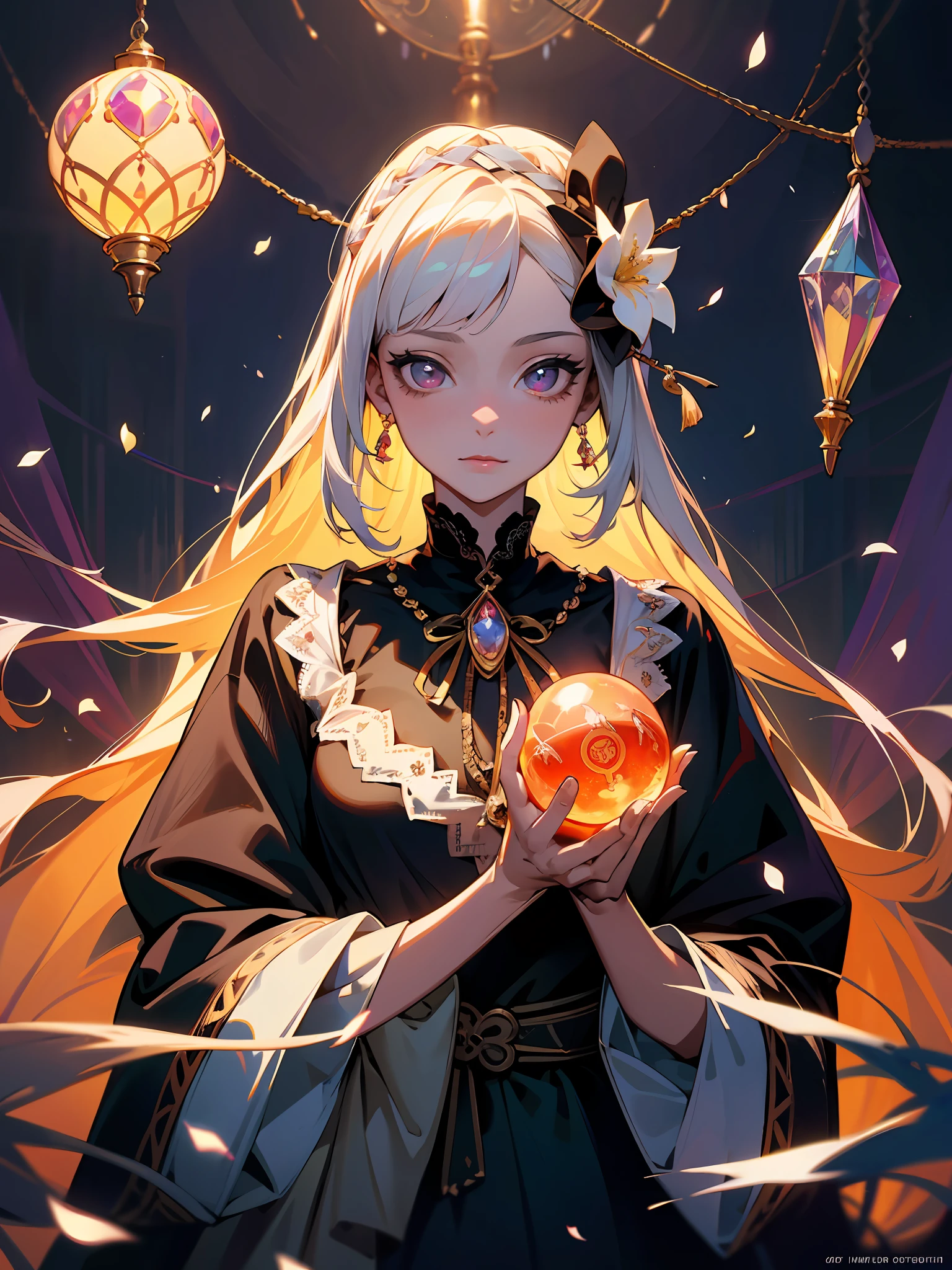 Top quality, masterpiece, high resolution, perfect detail, (very fine and beautiful: 1.1), (official art, beautifully aesthetic: 1.2), (fractal art: 1.3), (lots of flower effects: 1.4), 1girl, looking_at_viewer, portrait, solo, very vivid colorful, (many flower effects: 1.3), A lot of petals, beautiful light, Fine Beauty, (Detailed Face with Fine Eyes: 1.1), (Beautiful Clear Background: 1.1), Lace, Ribbon, Flowers and Petals, Beautiful Concept Illustration, Crystal Ball, A Highly Decorated fortune teller's tent stands in a dark alleyway, Inside, an ugly old woman in a strange gypsy costume sits at a table, her hands on a crystal ball and a Ouija board