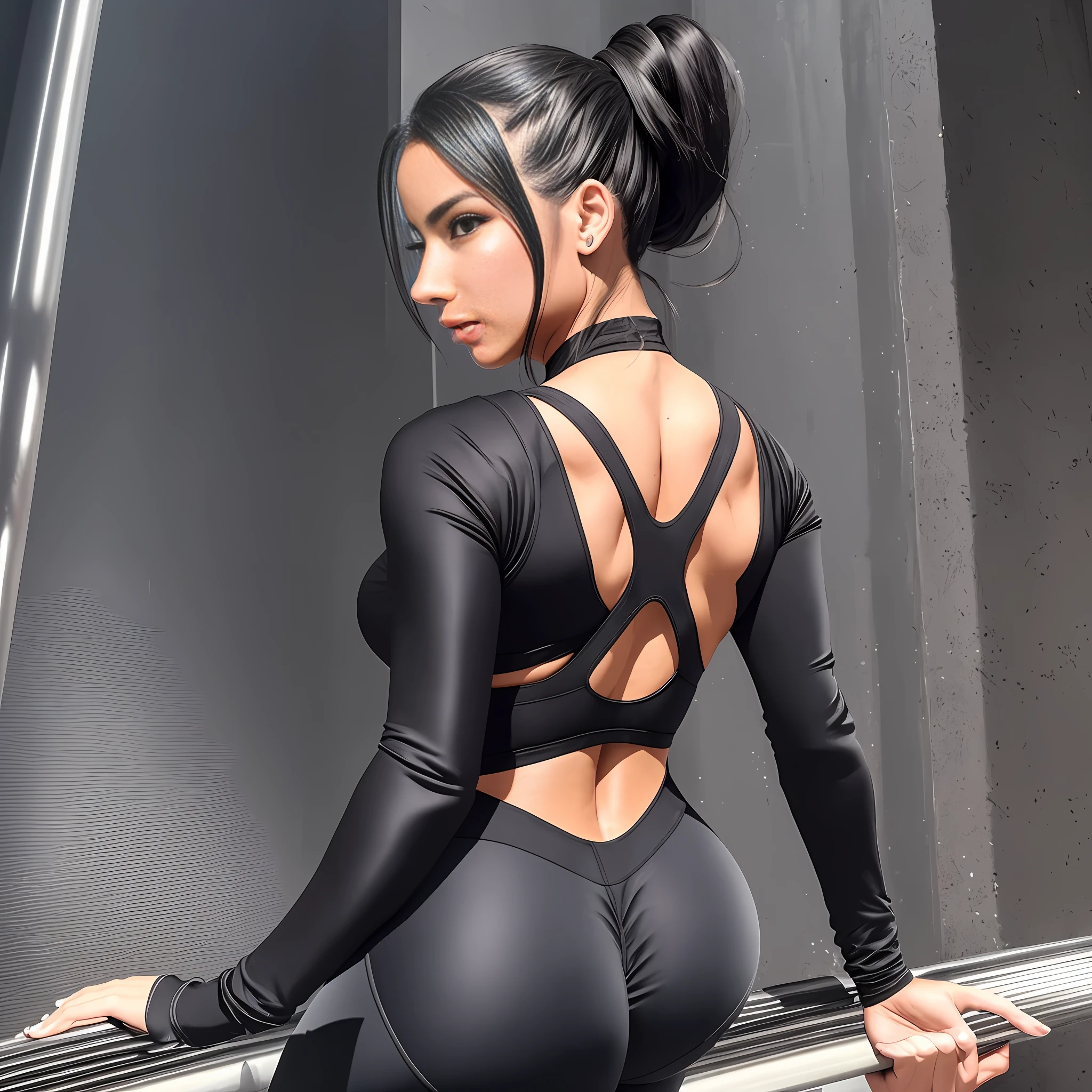 Black ponytail, sweating, a girl, royal sister, hourglass proportions, high quality, extreme detail, tight yoga pants, reflective clothes, open back, ass rushing to the camera, 4k, elegant, 16:9, sweaty back, split action --auto --s2