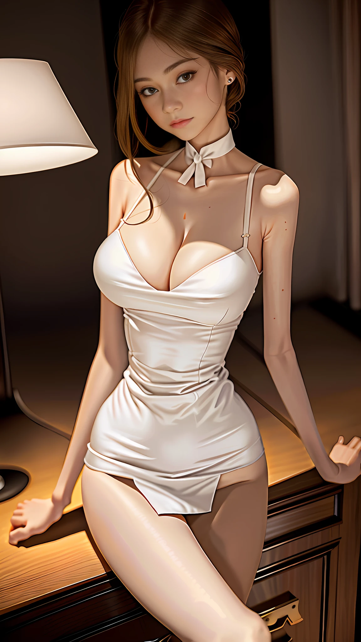 1 girl, solo, most beautiful artwork photo in the world, complex, high detail, sharp focus, dramatic, {{{very short torso}}}, very short torso, very long legs, {{{very large breasts}}}, thin waist, small buttocks, {{{{cleavage}}}, collarbone, white skin, light brown hair, look at the viewer, expressionless, waistshot, 25 years old, sleeveless、{{{white tube micro mini dress}}}、{{{Notched lapel collar}}}、white choker on neck